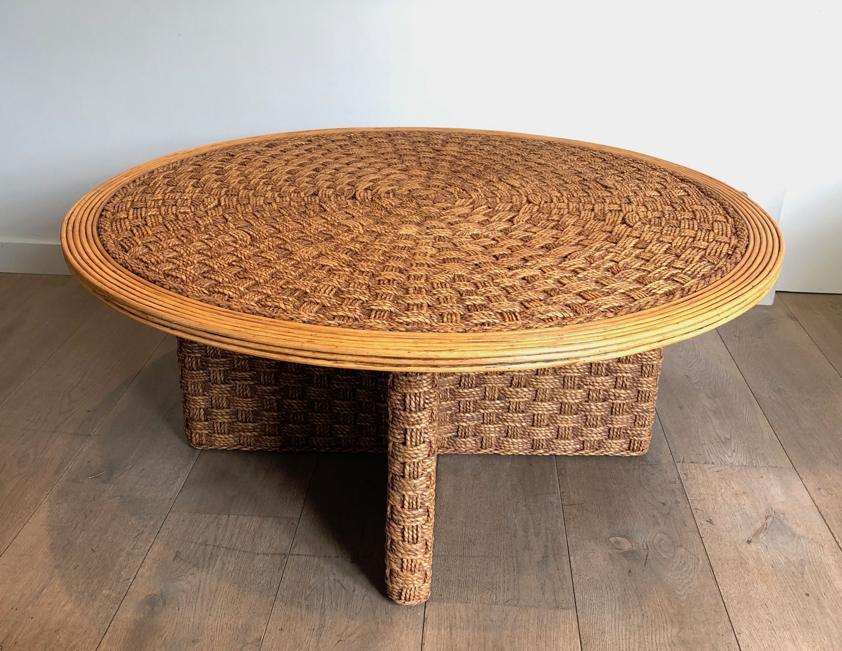 Large Round Rope and Wood Coffee Table in the Style of Audoux Minet