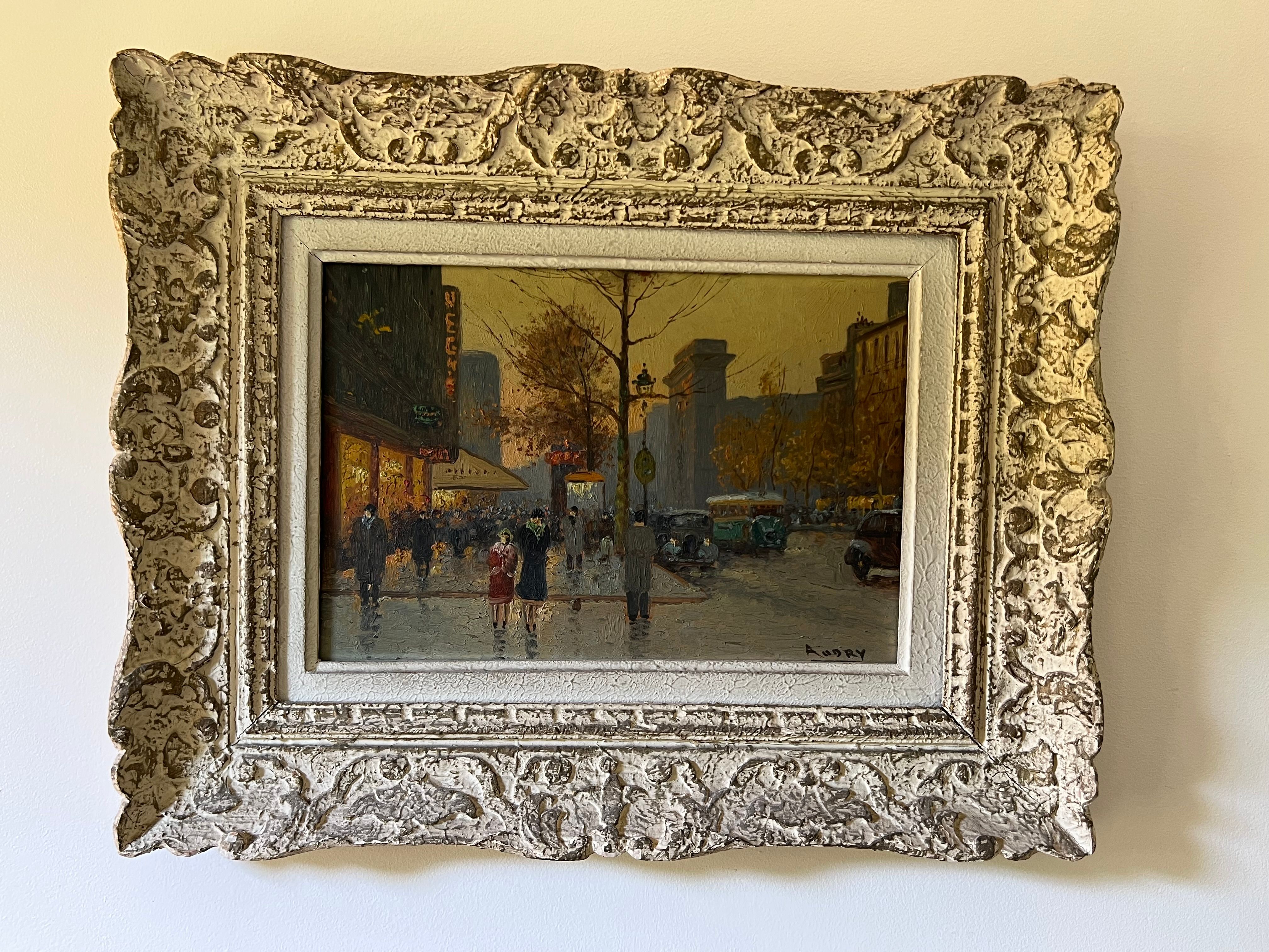 Tableau Huile Sur Toile Représentant une Vue de Paris dans un cadre Montparnasse. Travail Français Signé Audry. Vers 1930