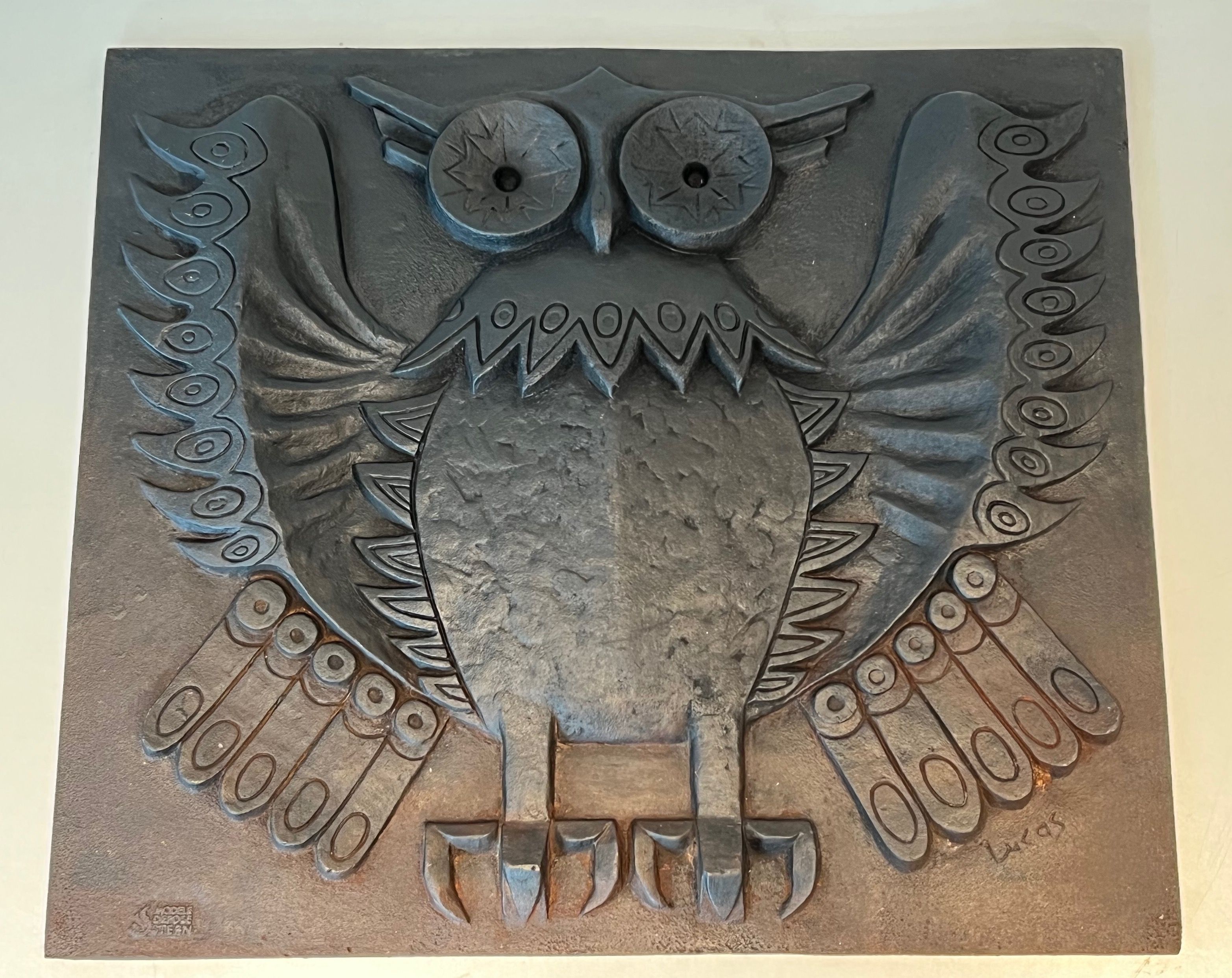 Modernist Cast Iron Fireback showing an Owl