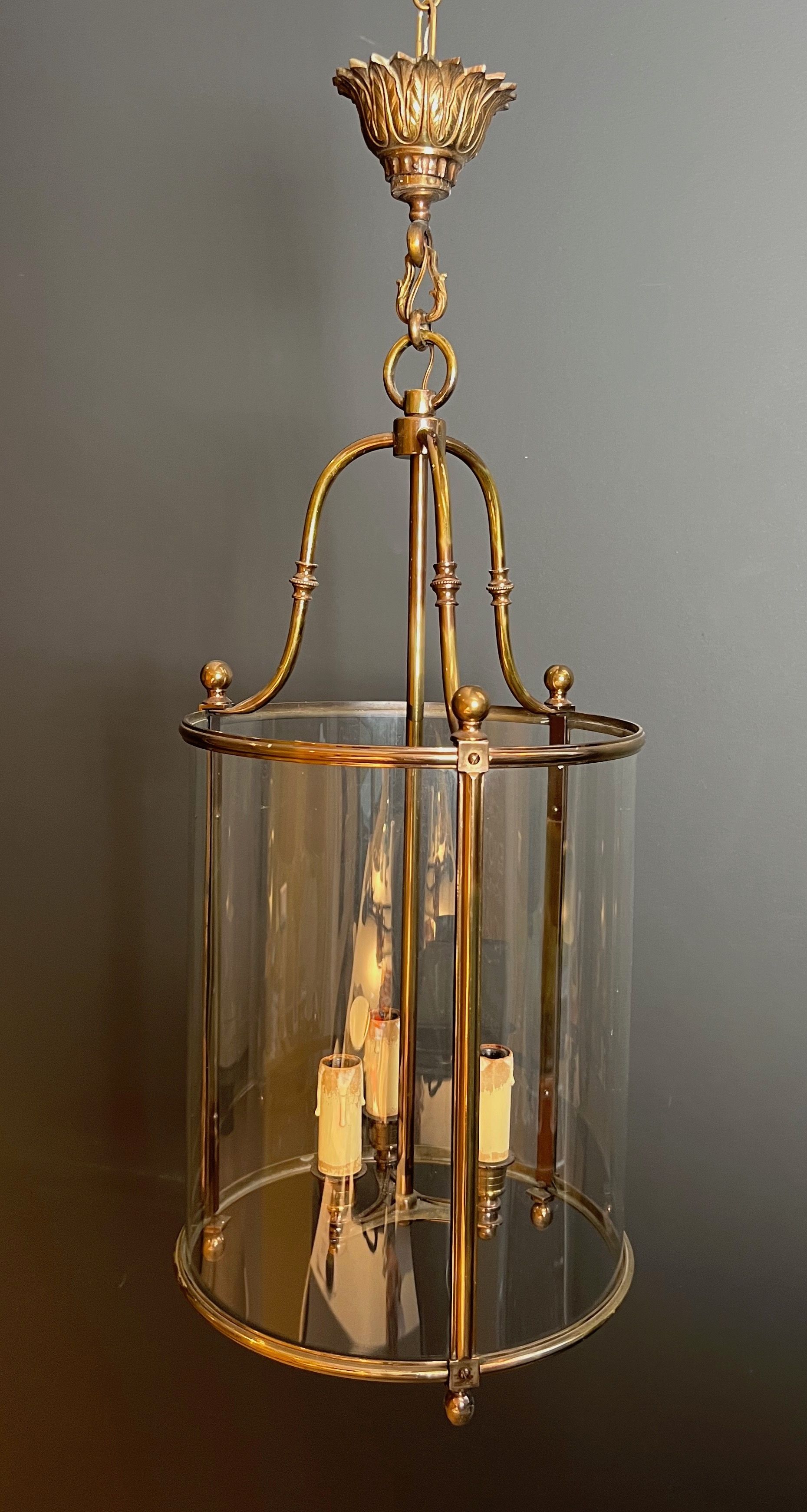 Important Neoclassical Style Round Brass and Glass Lantern