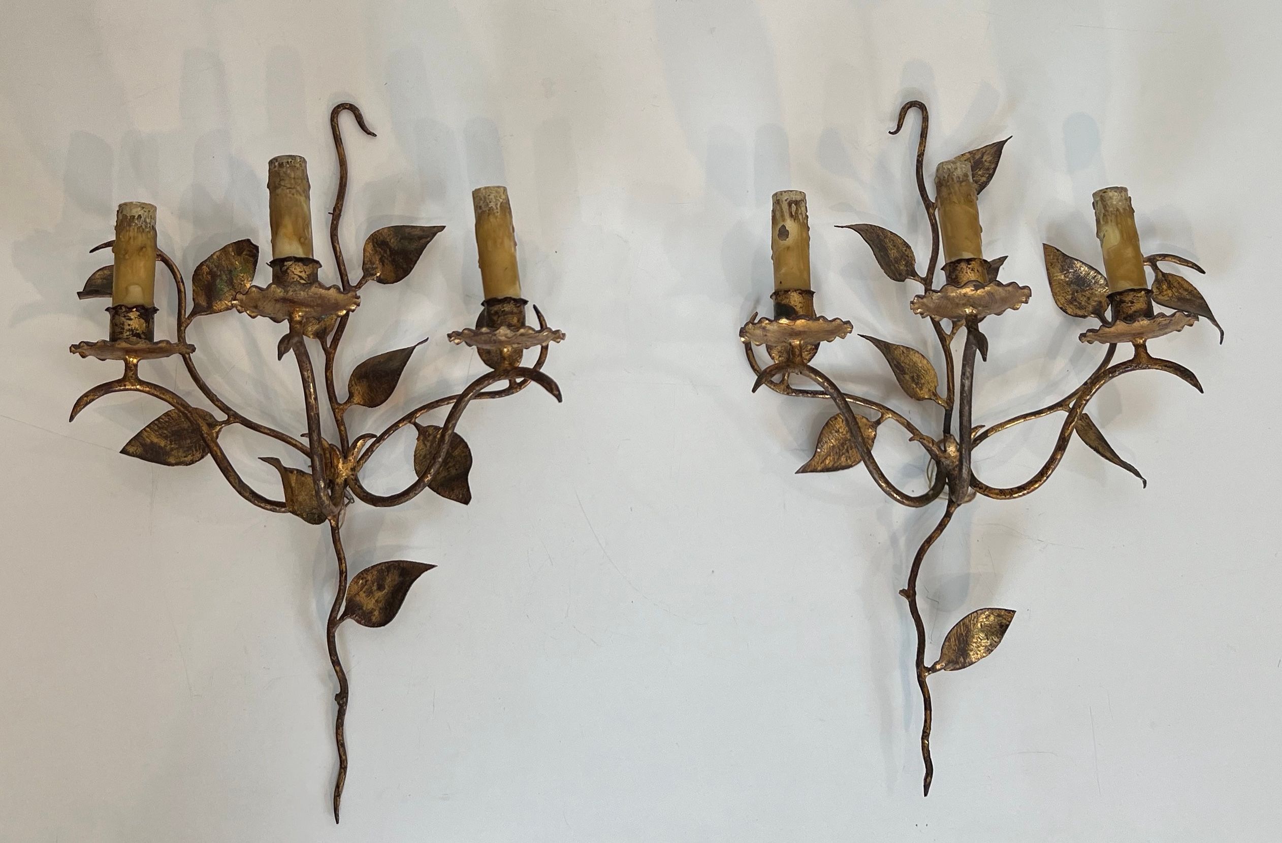 Pair of 3 Lights Gilt Metal Wall Sconces with Leaves