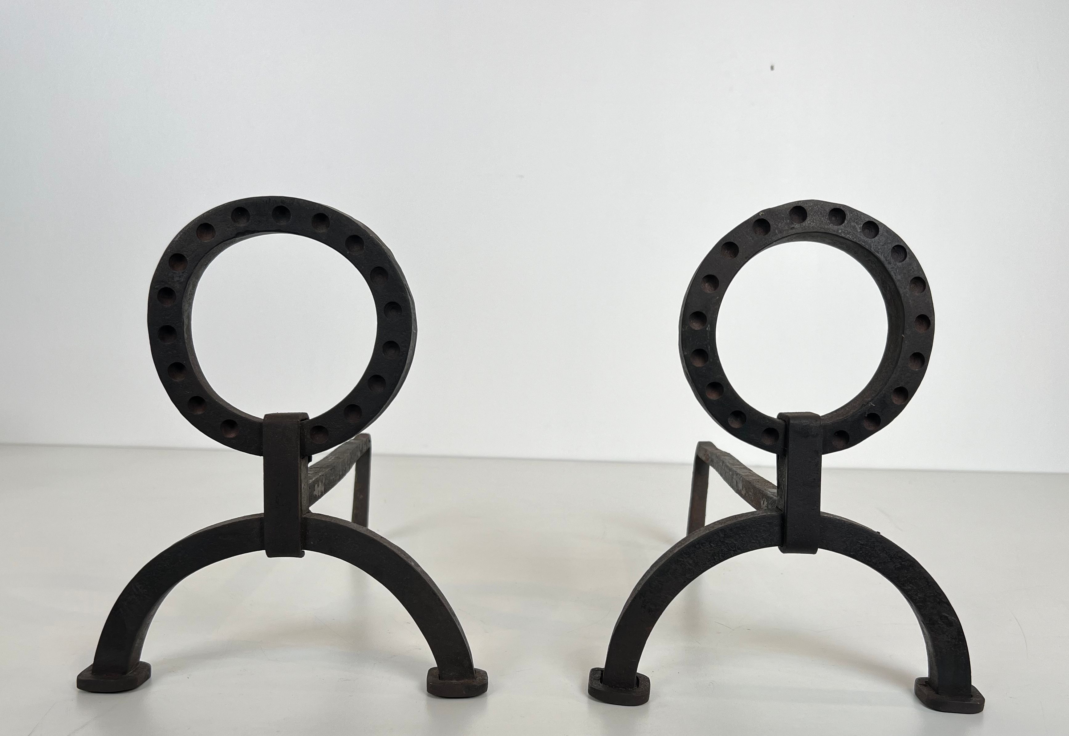 Pair of Modernist Wrought Iron Andirons in the Style of Jacques Adnet