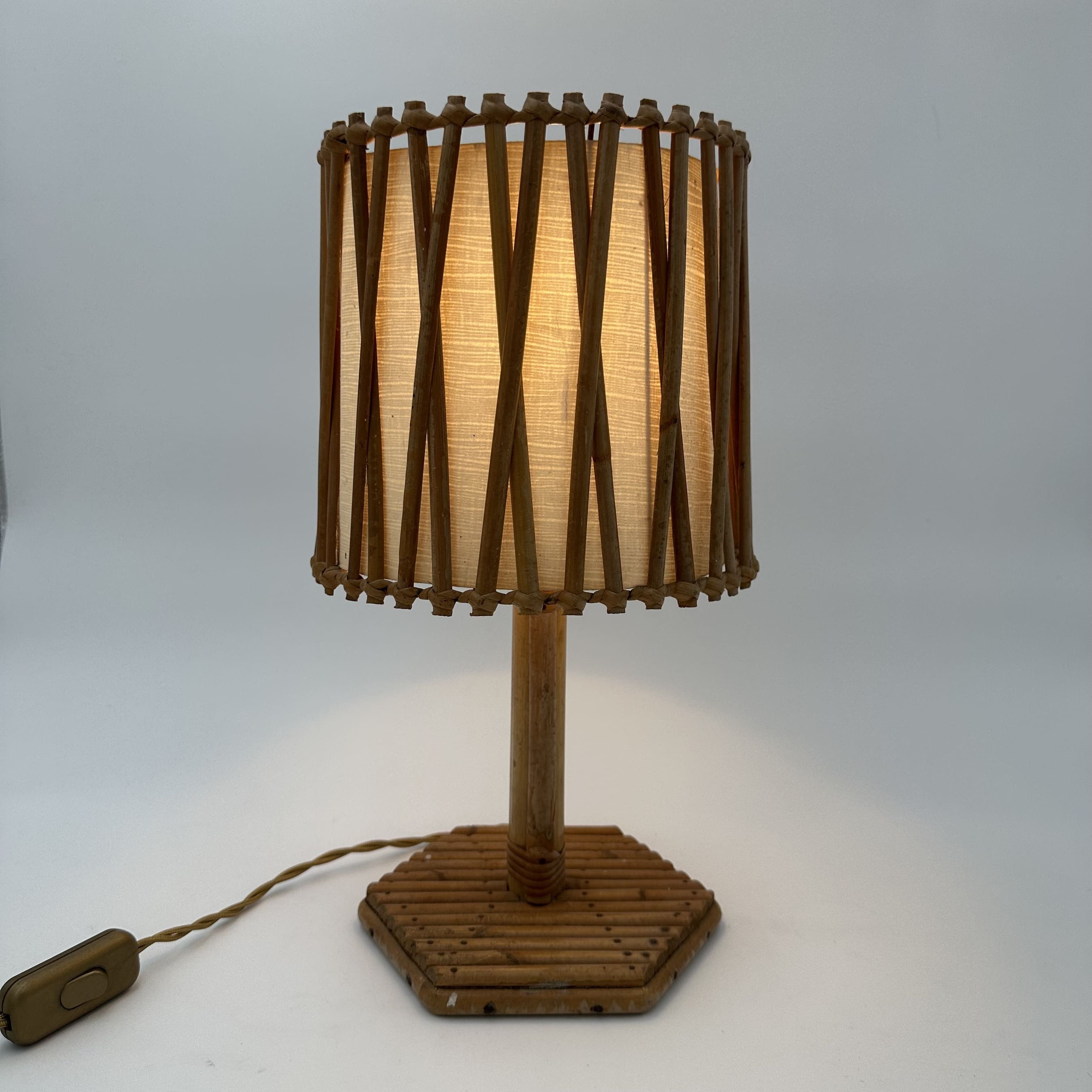Rattan Table Lamp with Criss-Cross Shade, Attributed to Louis Sognot, 1950s