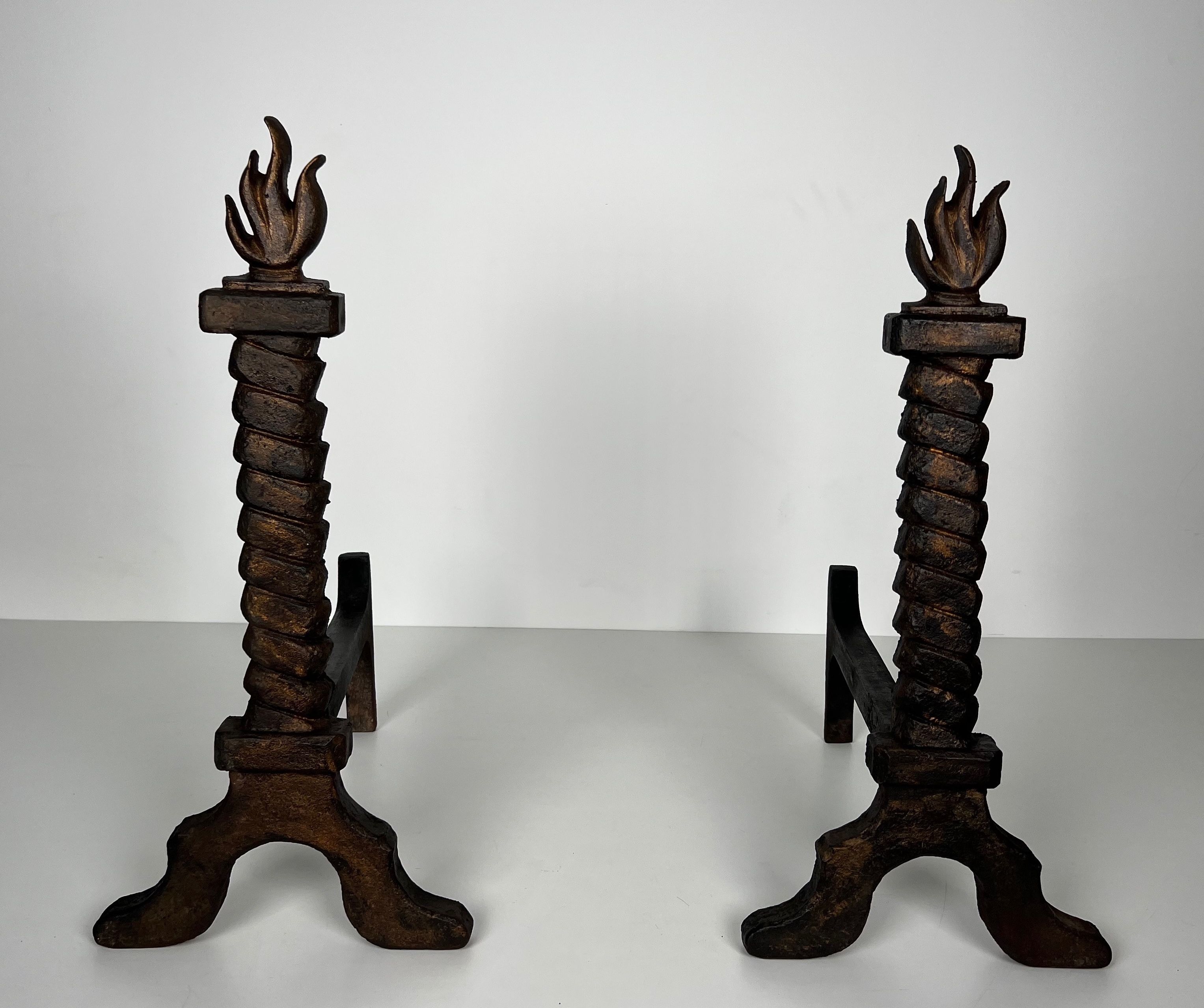 Rare Pair of Flame Gilt Cast and Wrought Iron Andirons in the Style of Gilbert Poillerat