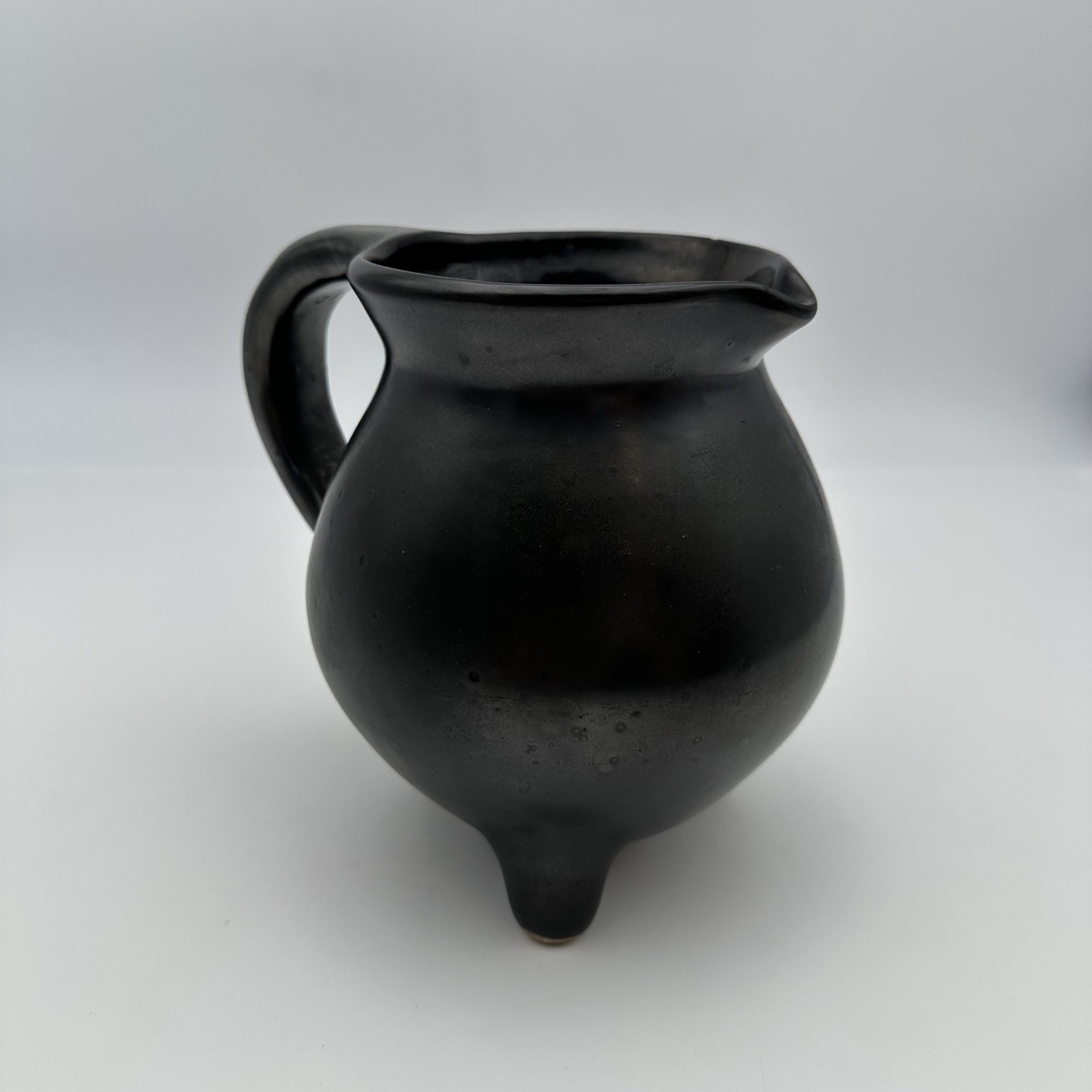 Black Glazed Faience Tripod Pitcher, Signed Studio Piece, 1950s-1960s