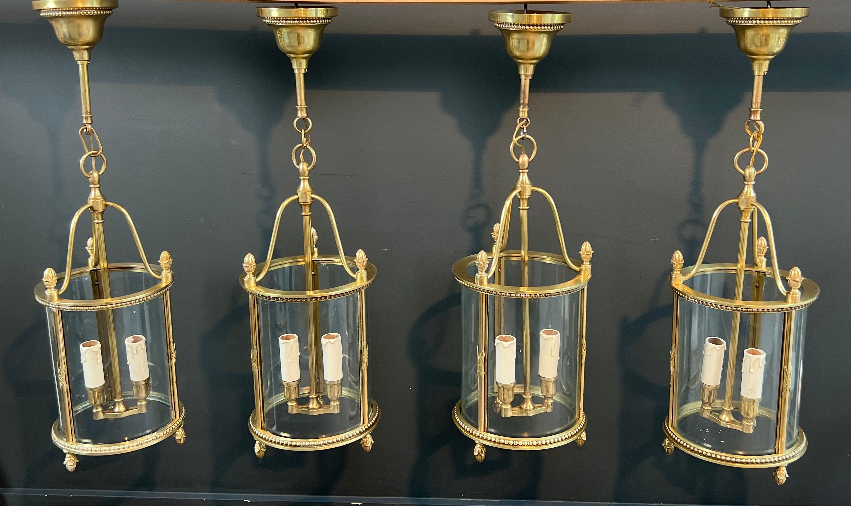 Rare Set of 4 Neoclassical Style Bronze Round Lanterns Attributed to Maison Jansen