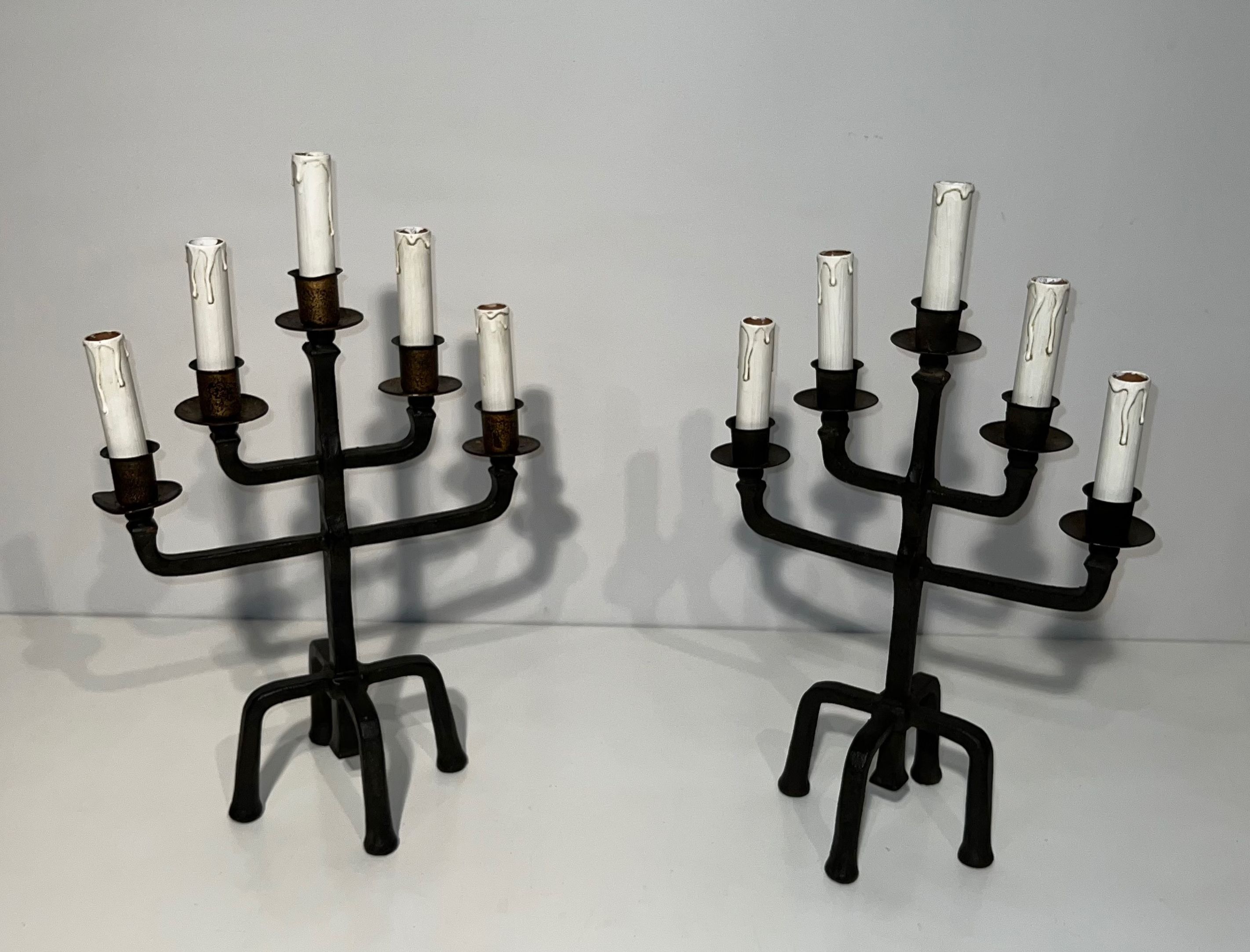 Pair of 5 Arms Wrought Iron Candelabras