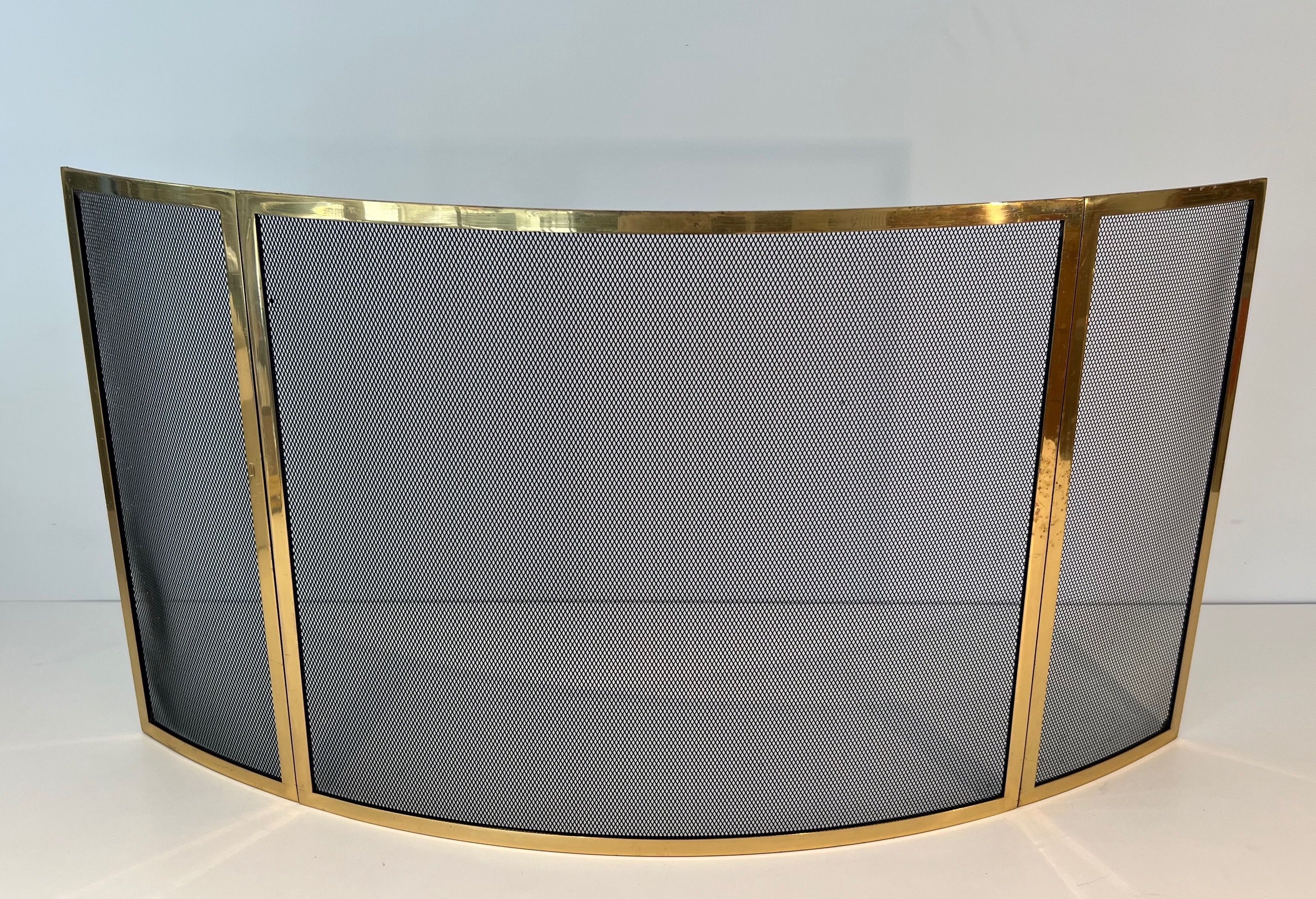 Design Curved Brass Fireplace Screen. French Work. Circa 1970