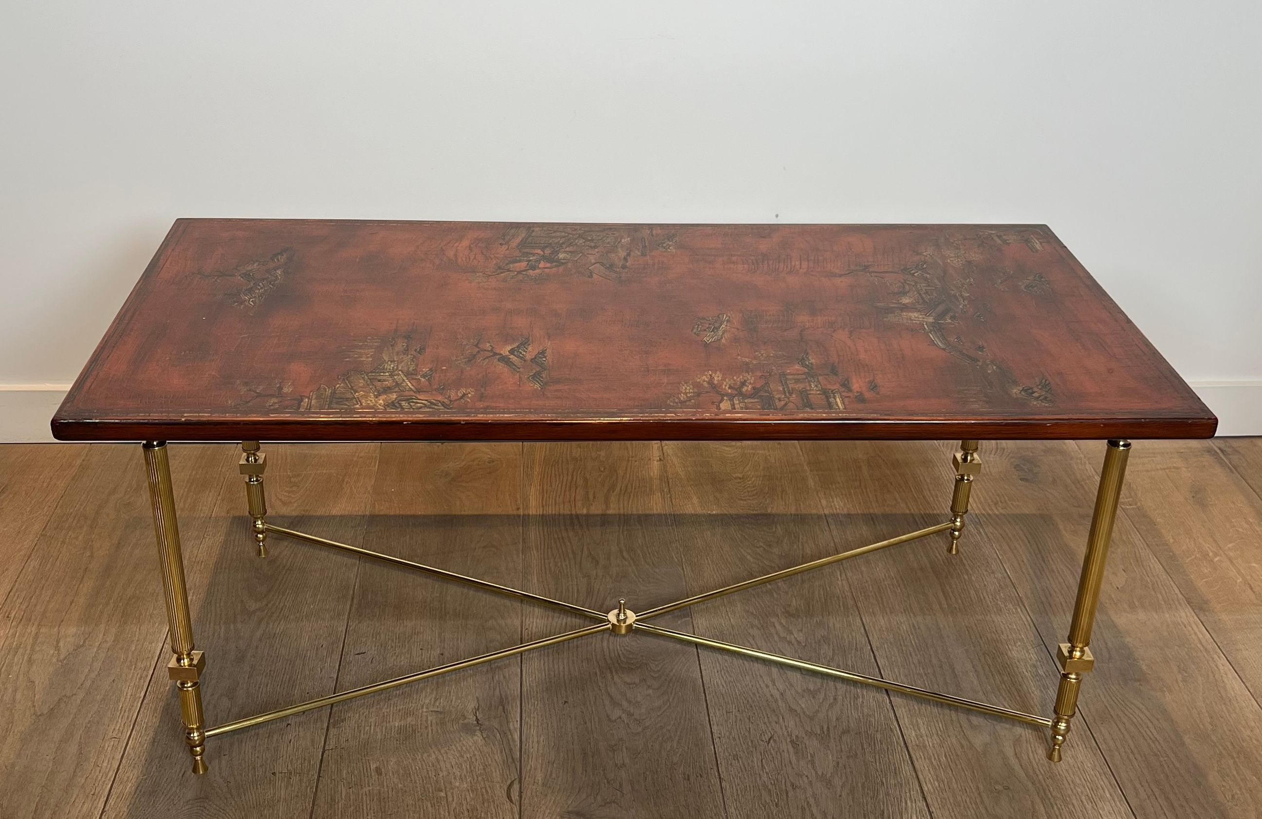Neoclassical Style Brass Coffee Table with Wooden Lacquered Top Representing Chinese Scenes Attributed to Maison Jansen