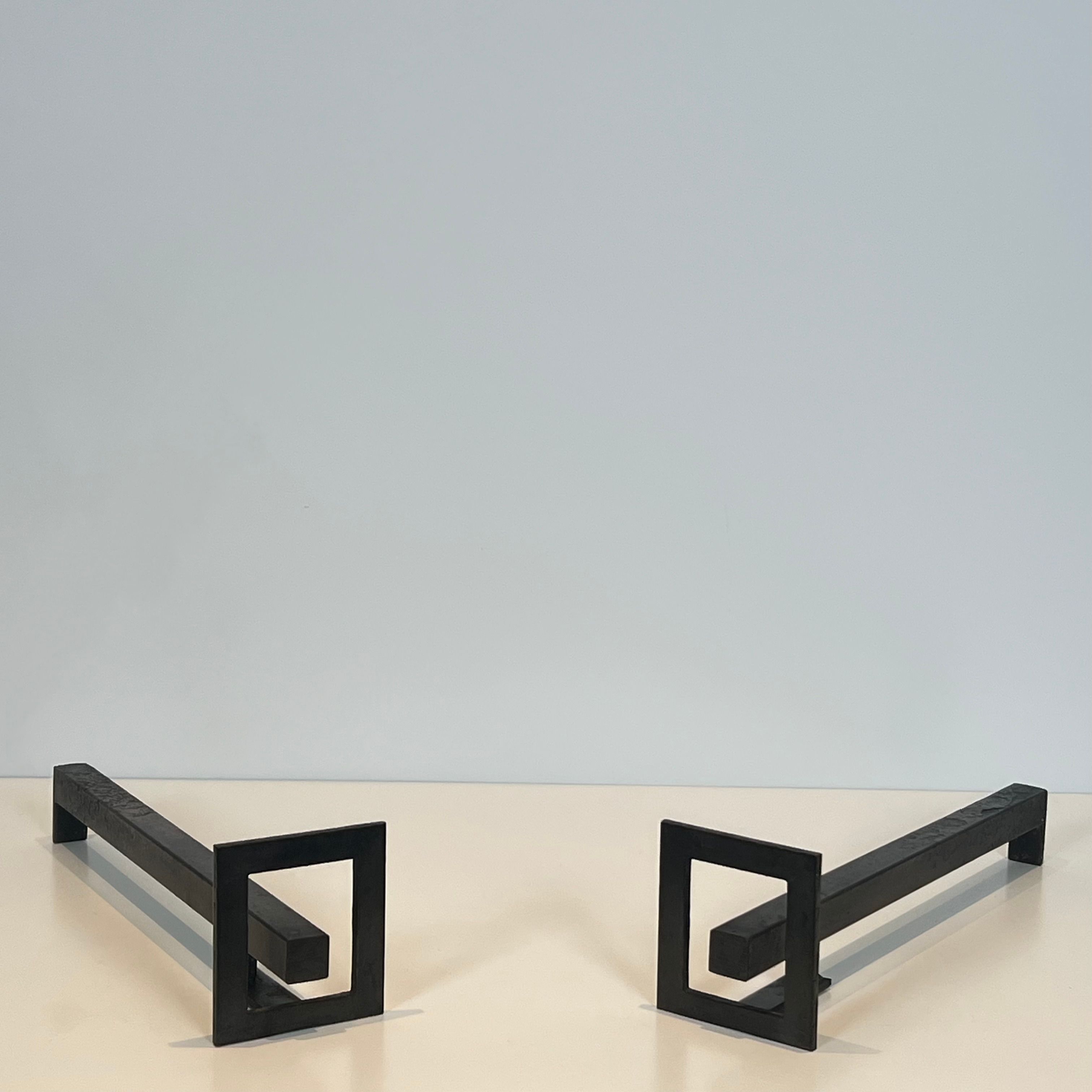 Pair of Modernist Steen and Wrought Iron Andirons