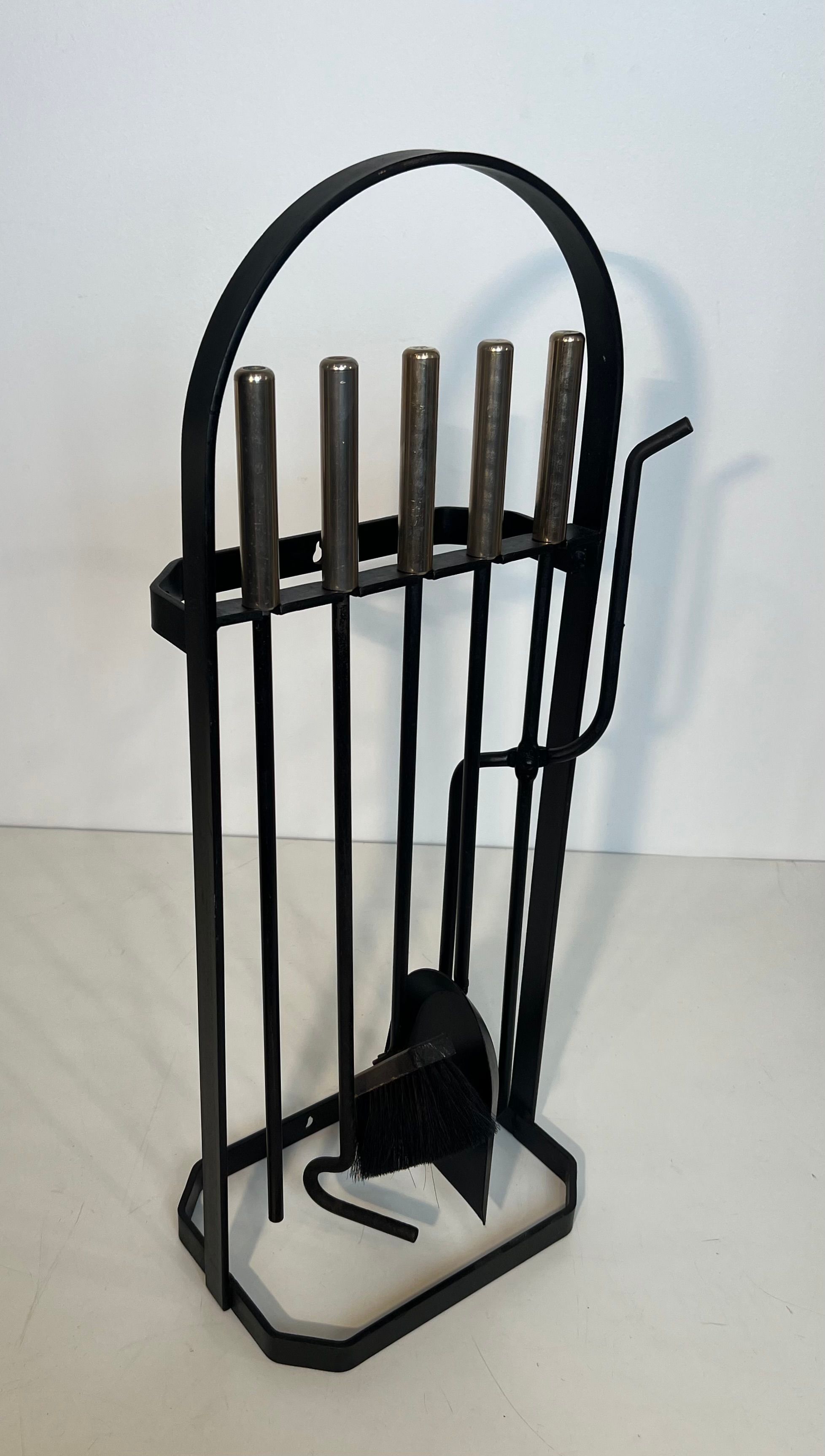 Black Lacquered and Chrome Design Fireplace Tools on Stand