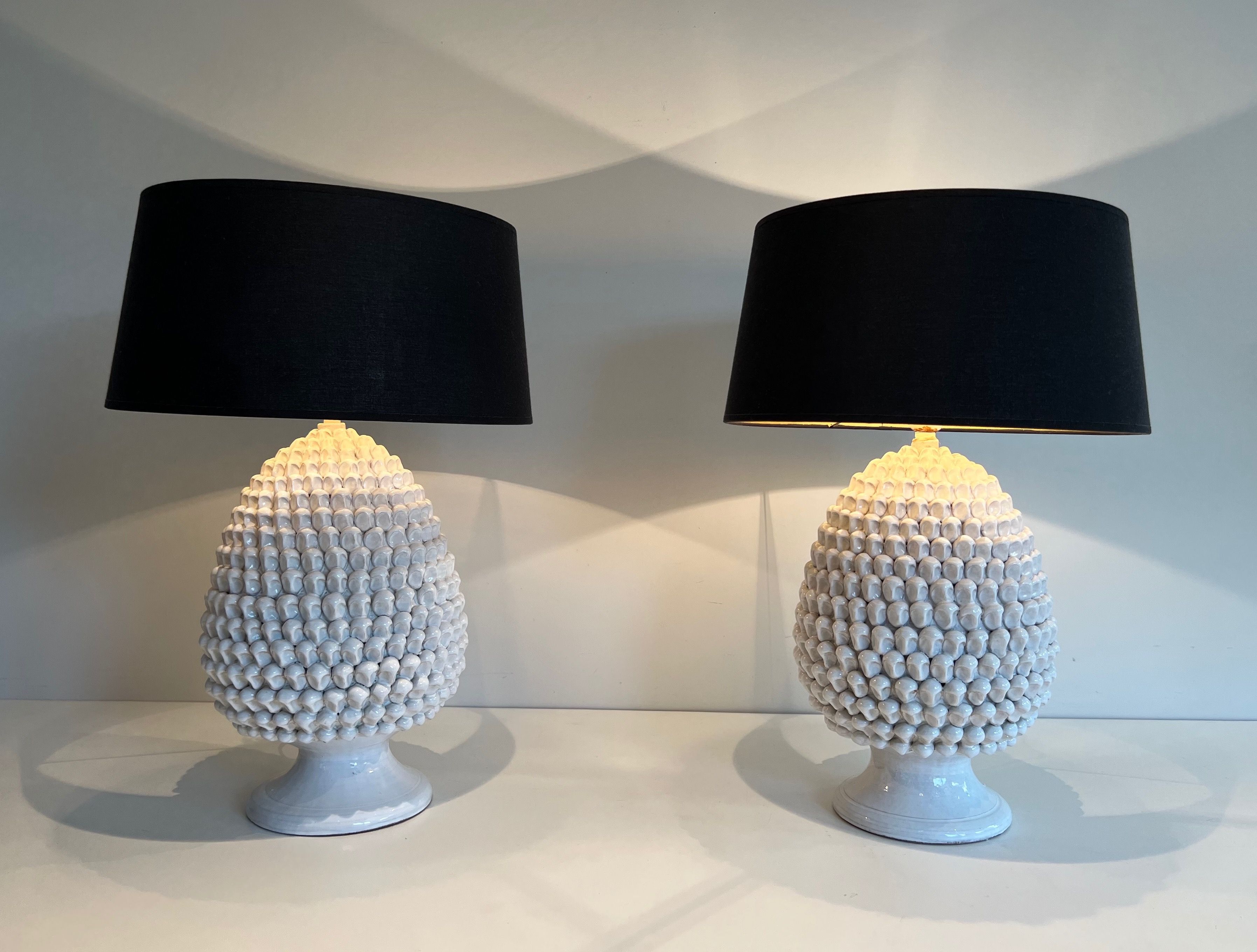 Pair of Important White Ceramic Table Lamps Circa 1970