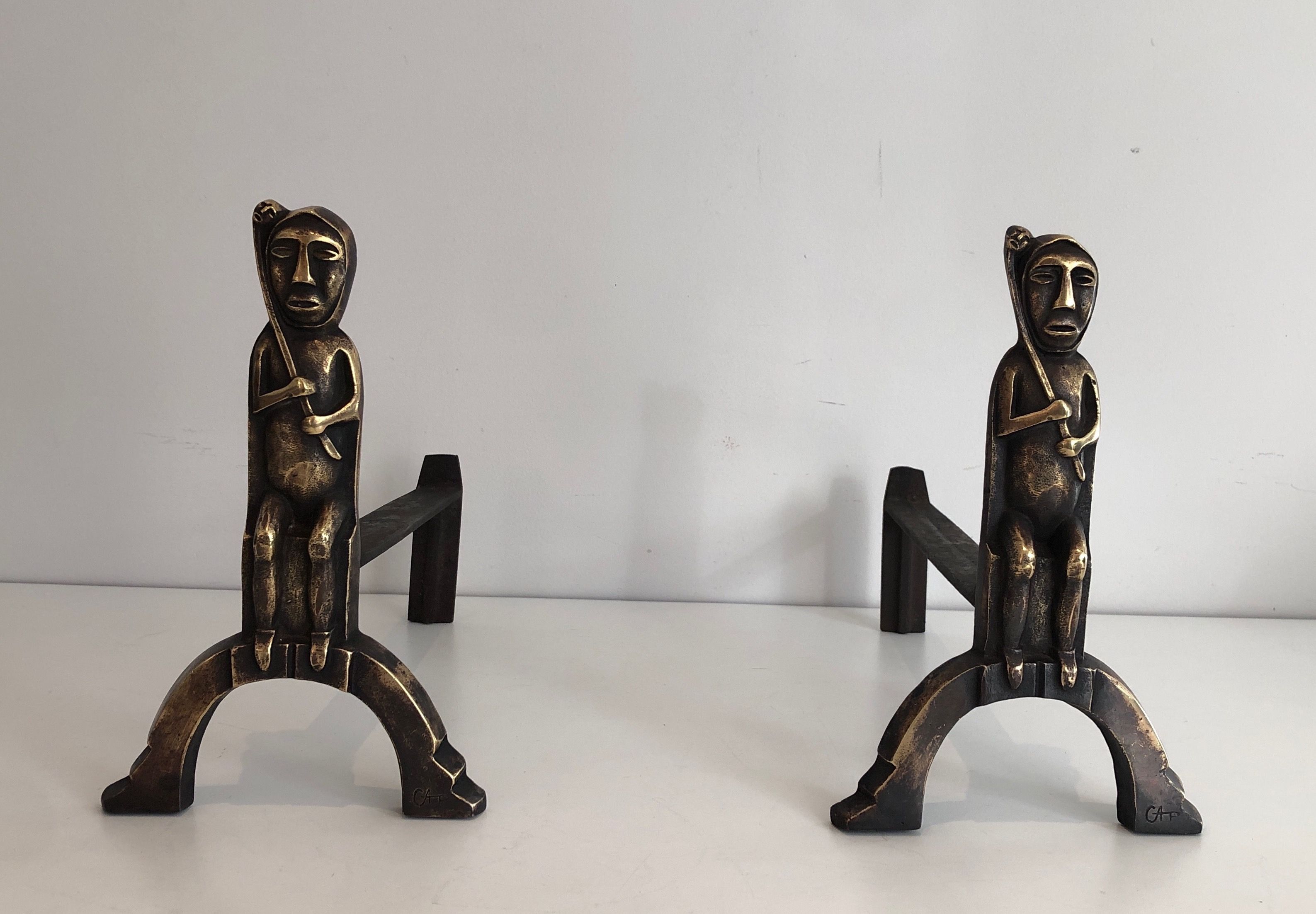 Pair of Bronze Andirons with Seated Shamans, Monogramed by Anton Prinner