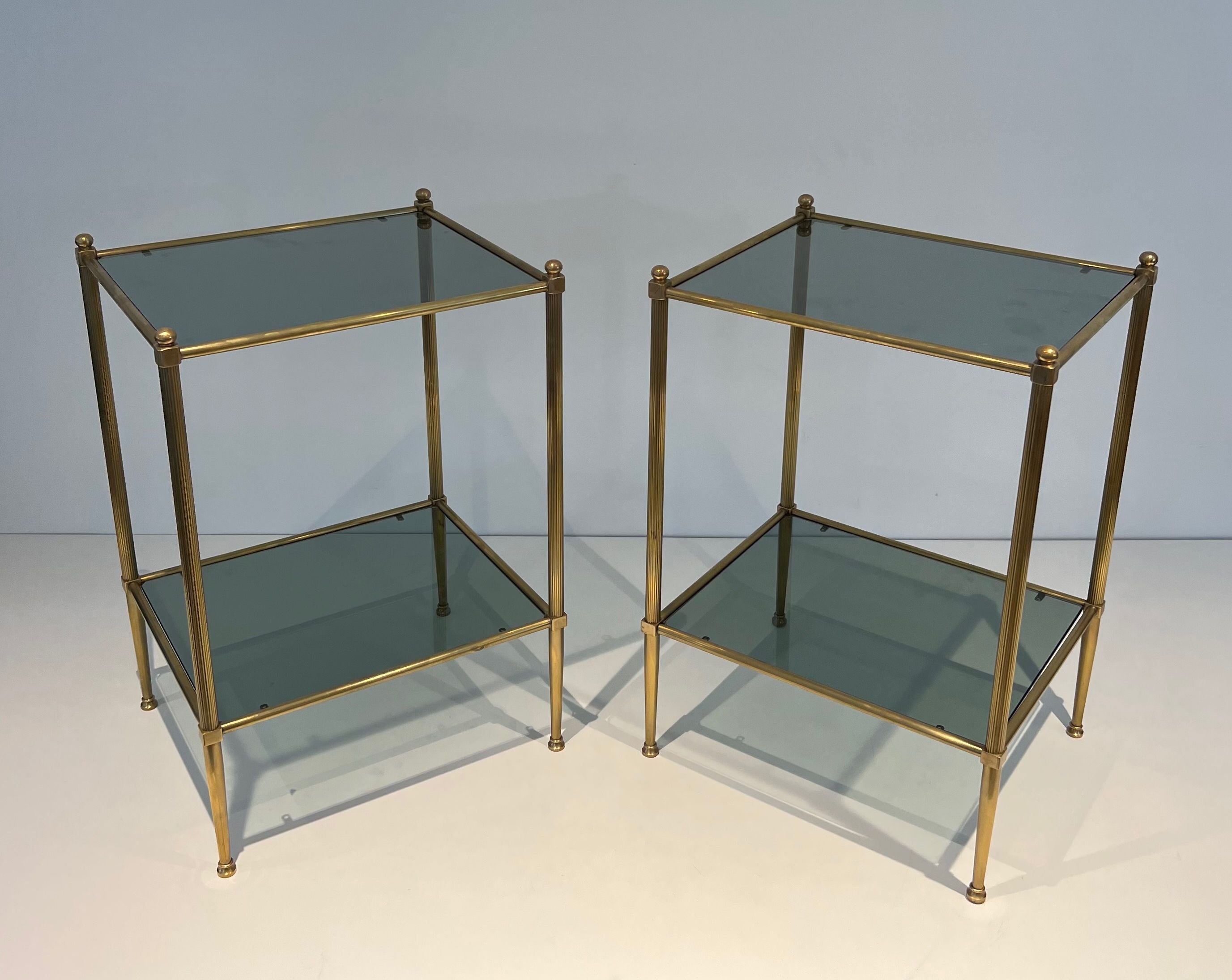 Pair of Brass Side Tables with Blueish Glass Shelves Attributed to Maison Jansen