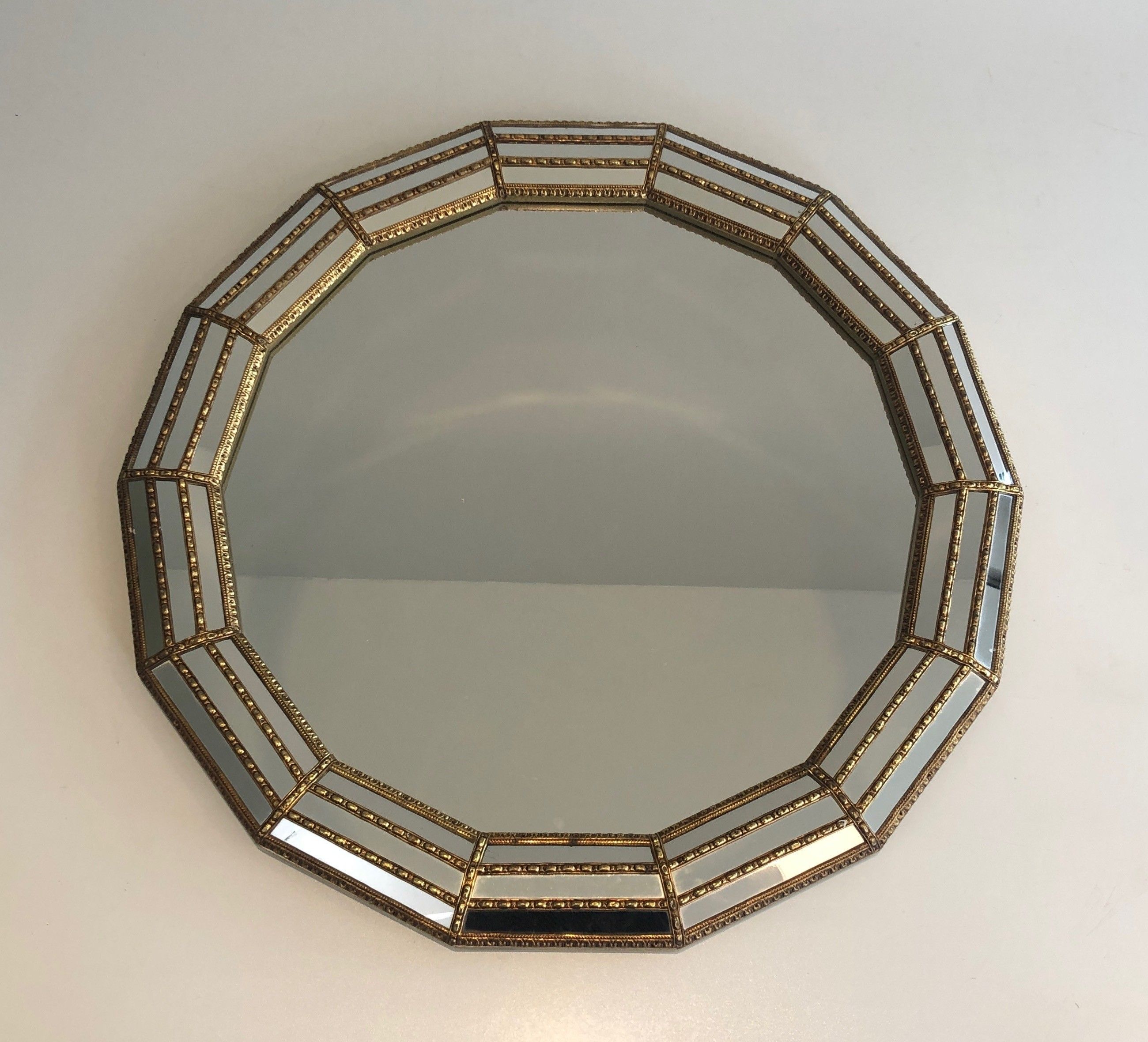 Octagonal Multi-Faceted Wall Mirror with Brass Garlands, circa 1970