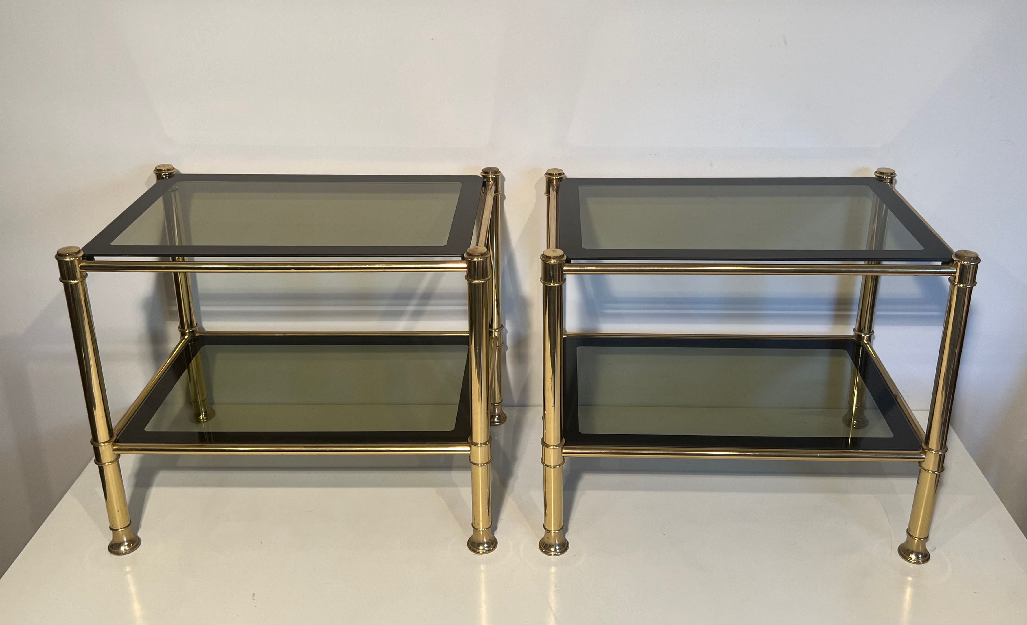 Pair of Brass Side Tables with Smoked Glass Shelves