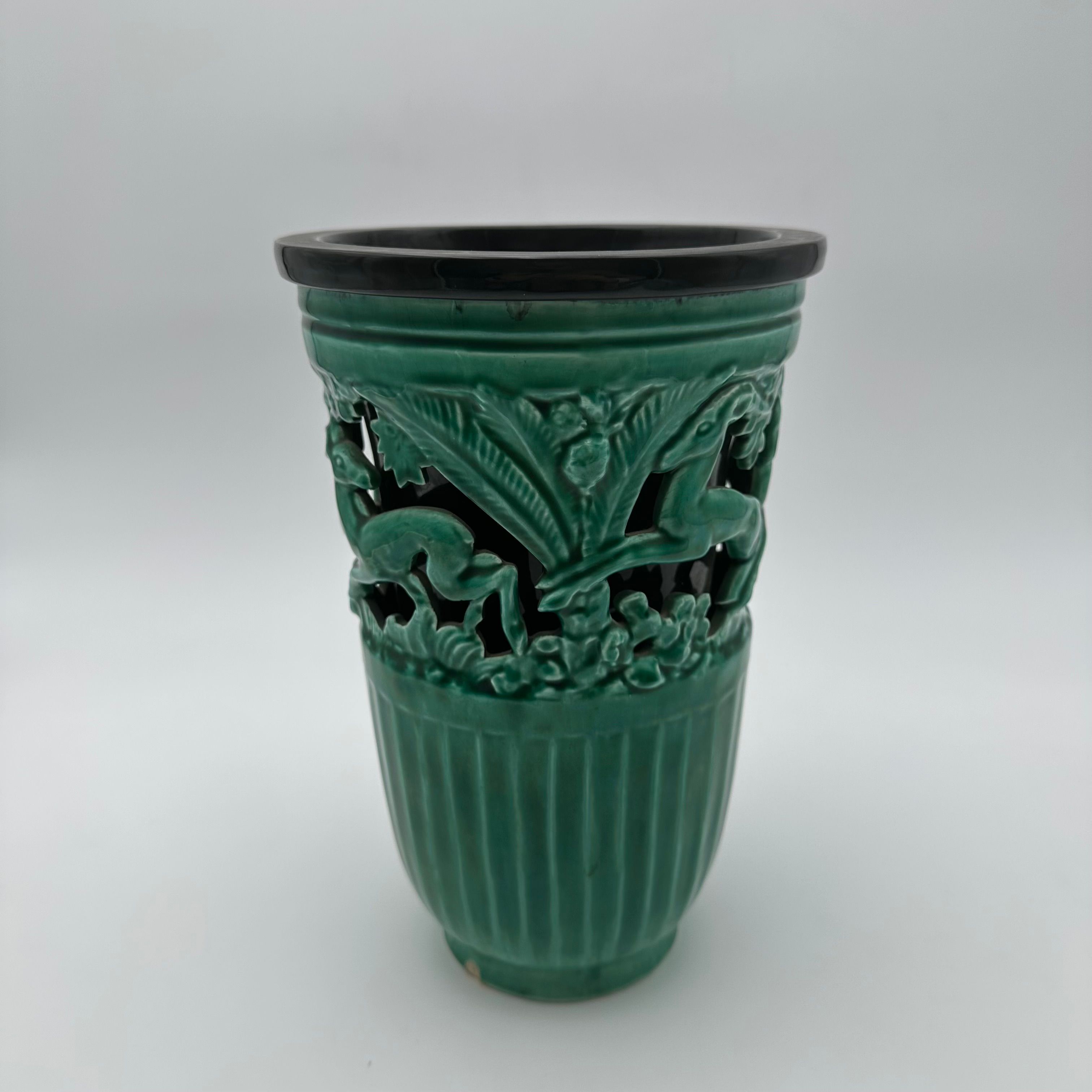 Green Ceramic Vase with Deer Motif – Signed Sainte Radegonde, France circa 1970