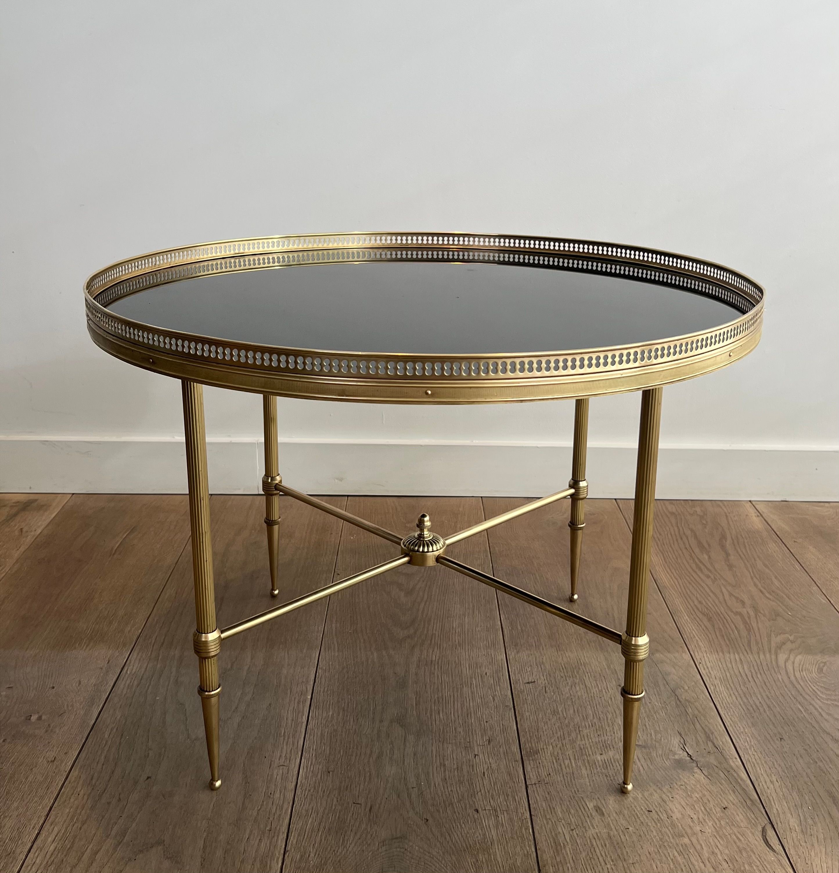 Round Brass Coffee Table with Black Lacquered Glass Top by Maison Jansen