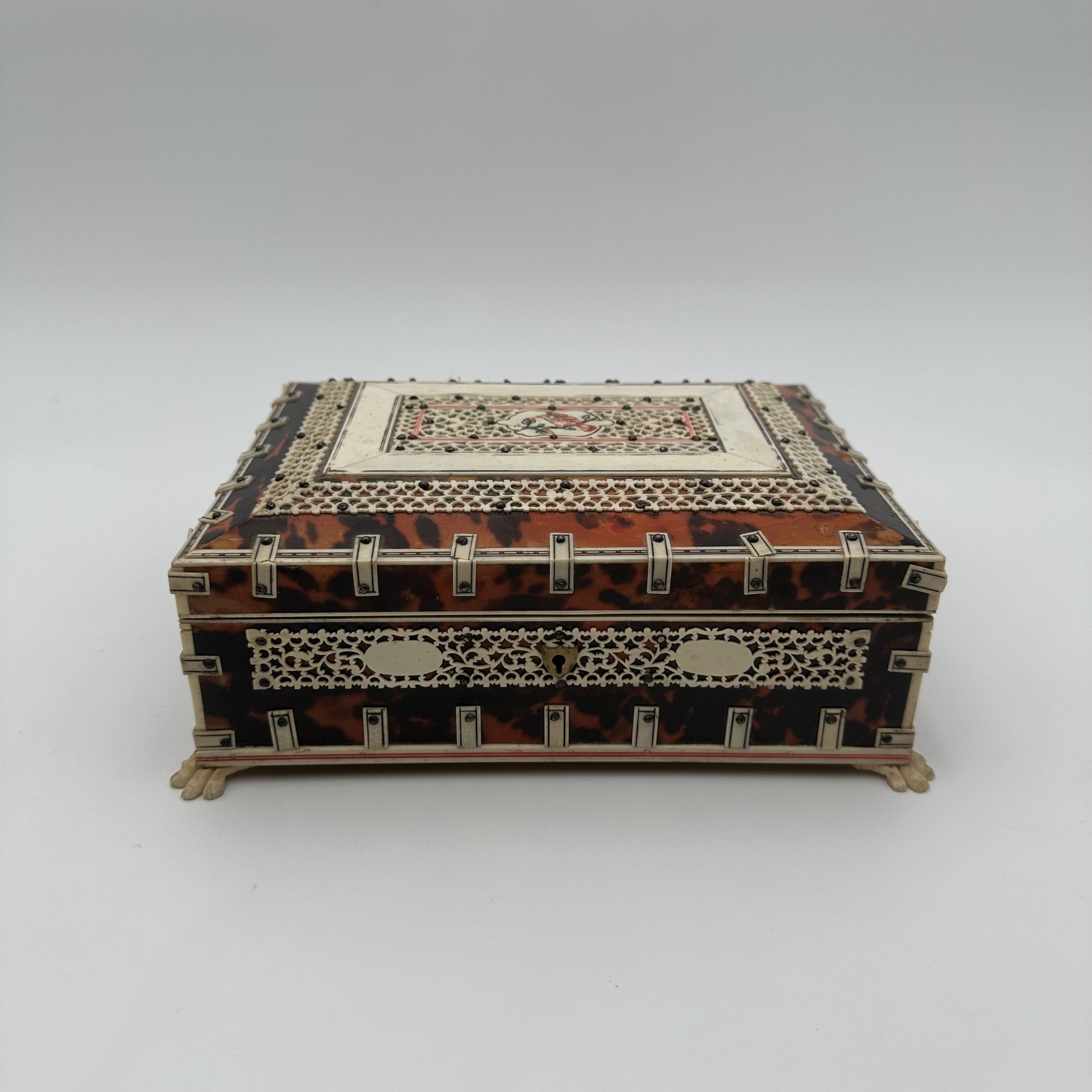 Anglo-Indian Tortoiseshell and Pierced Bone Jewelry Casket, 19th Century