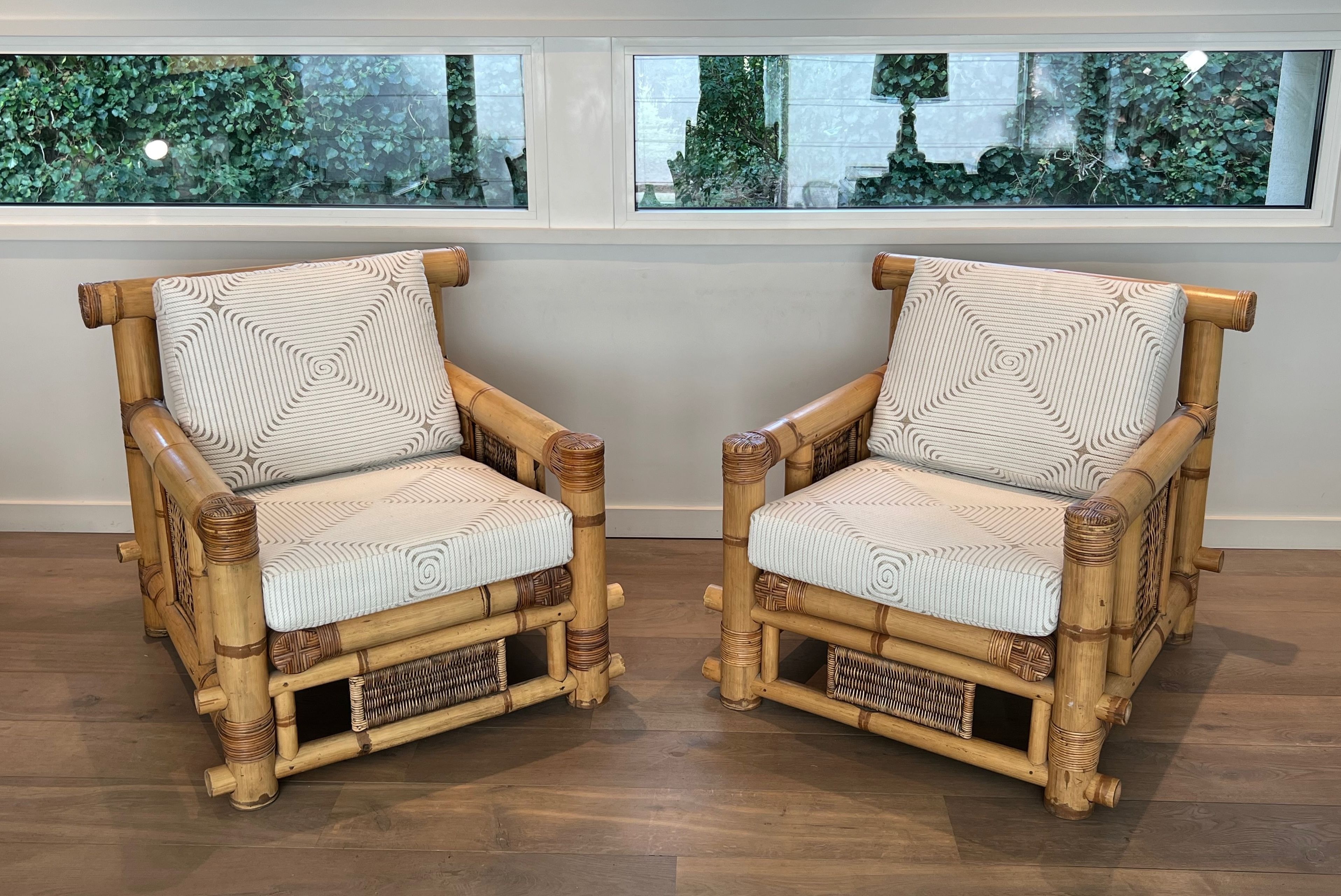 Pair of Large Bamboo Armchairs with Pierre Frey Cushions