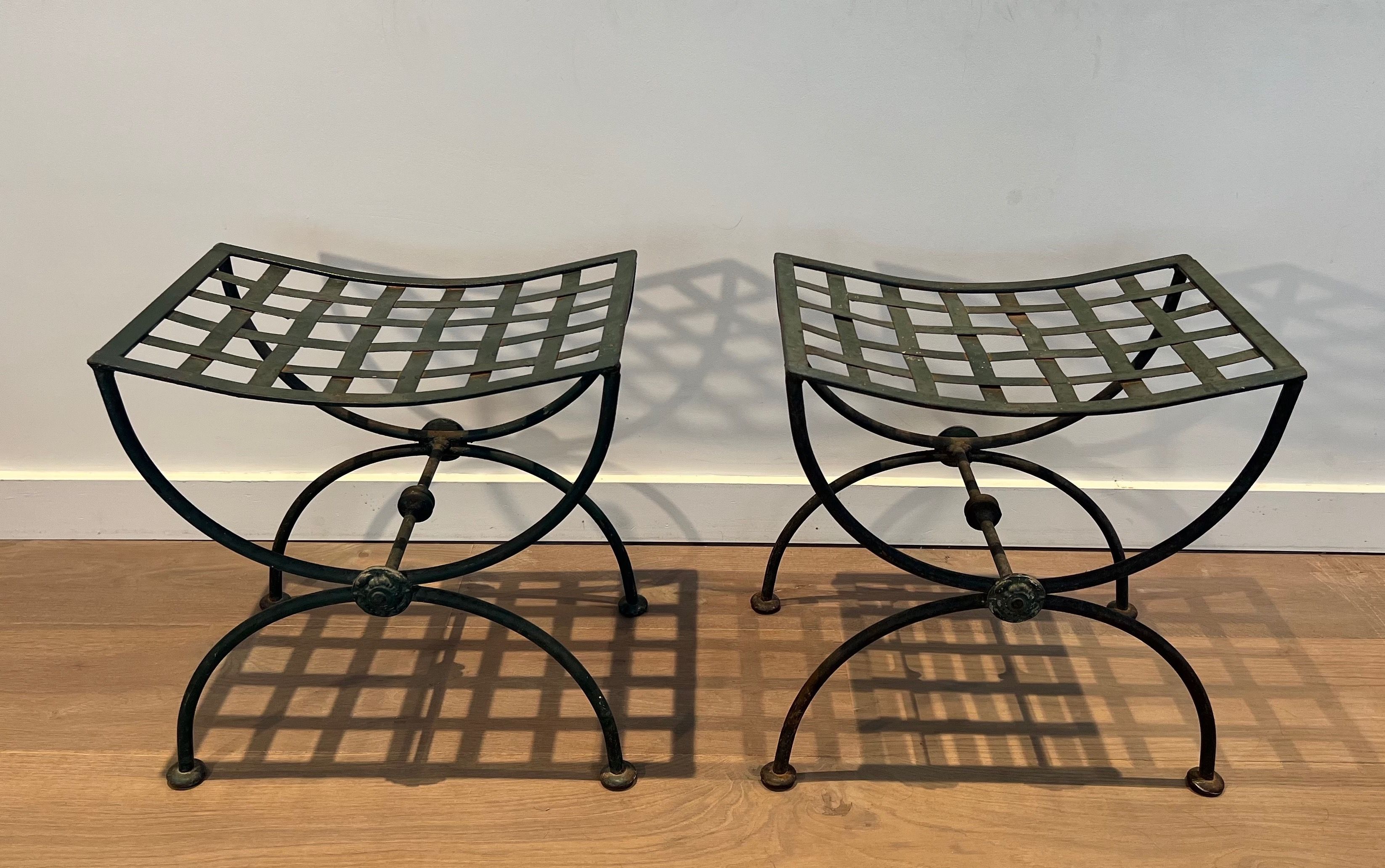 Pair of Curules Stools in Wrought Iron and Patinated Metal