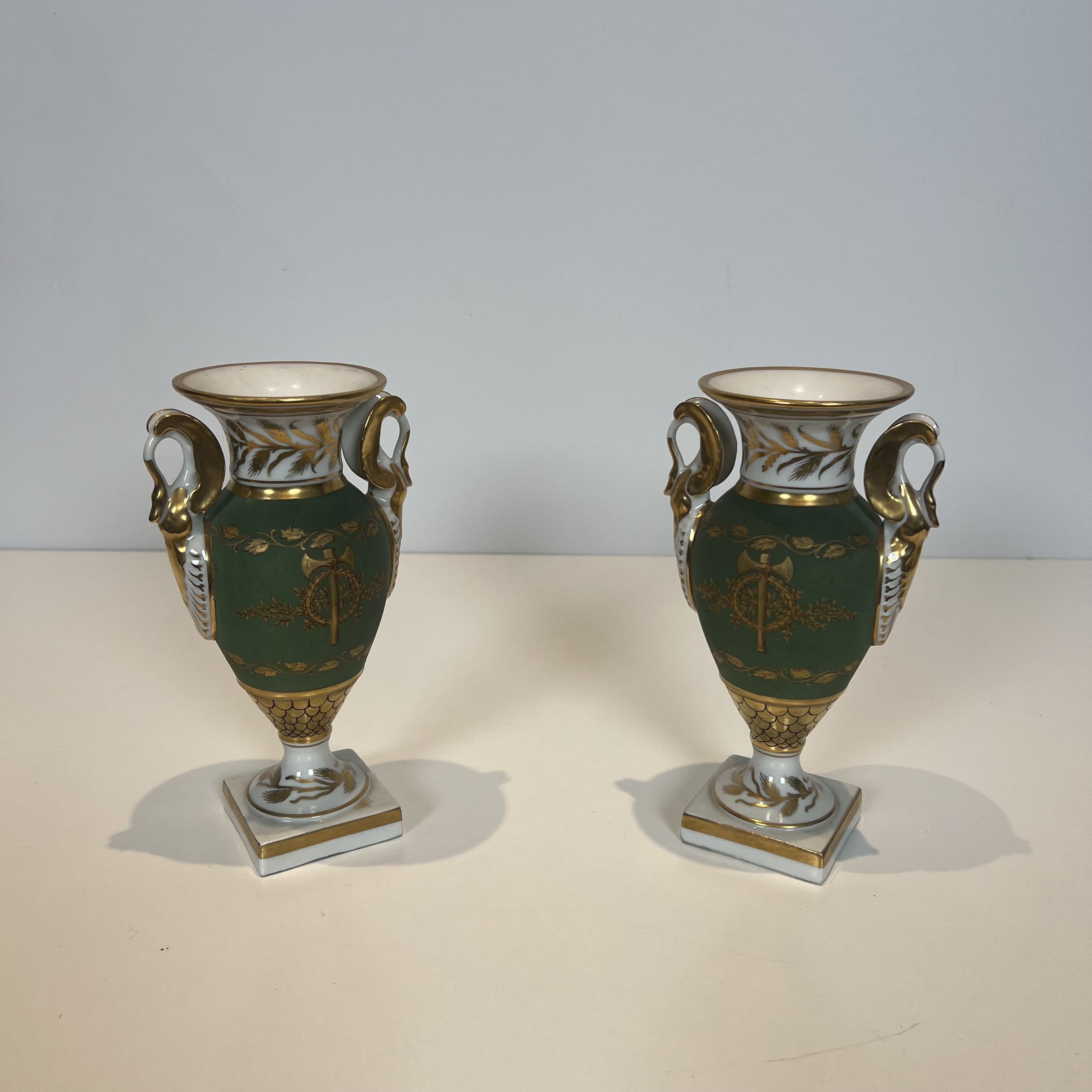 Pair of Empire Style Porcelain Vases, Swan and Fasces Decor