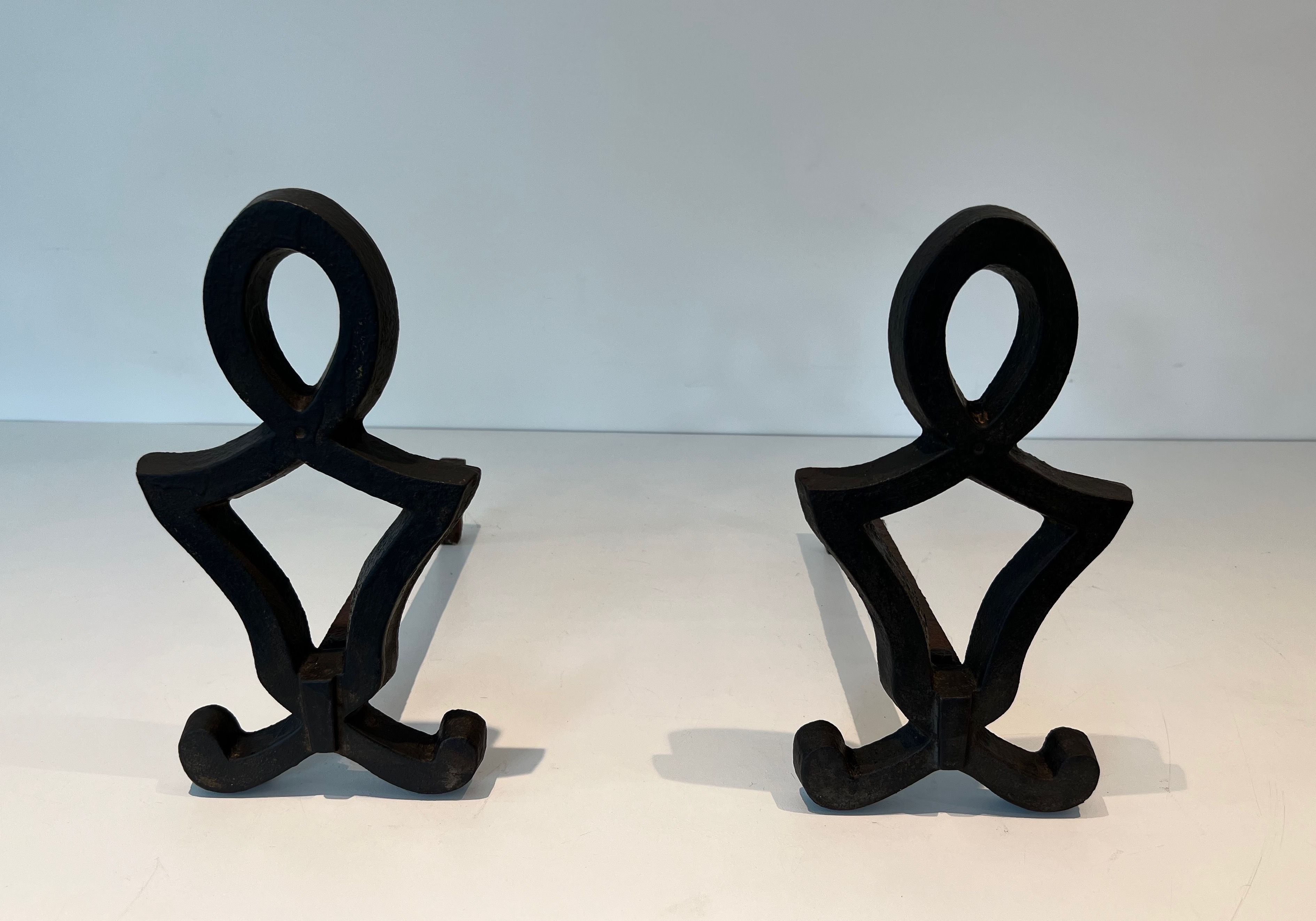 Pair of Modernist Cast Iron and Wrought Iron Andirons by Raymond Subes