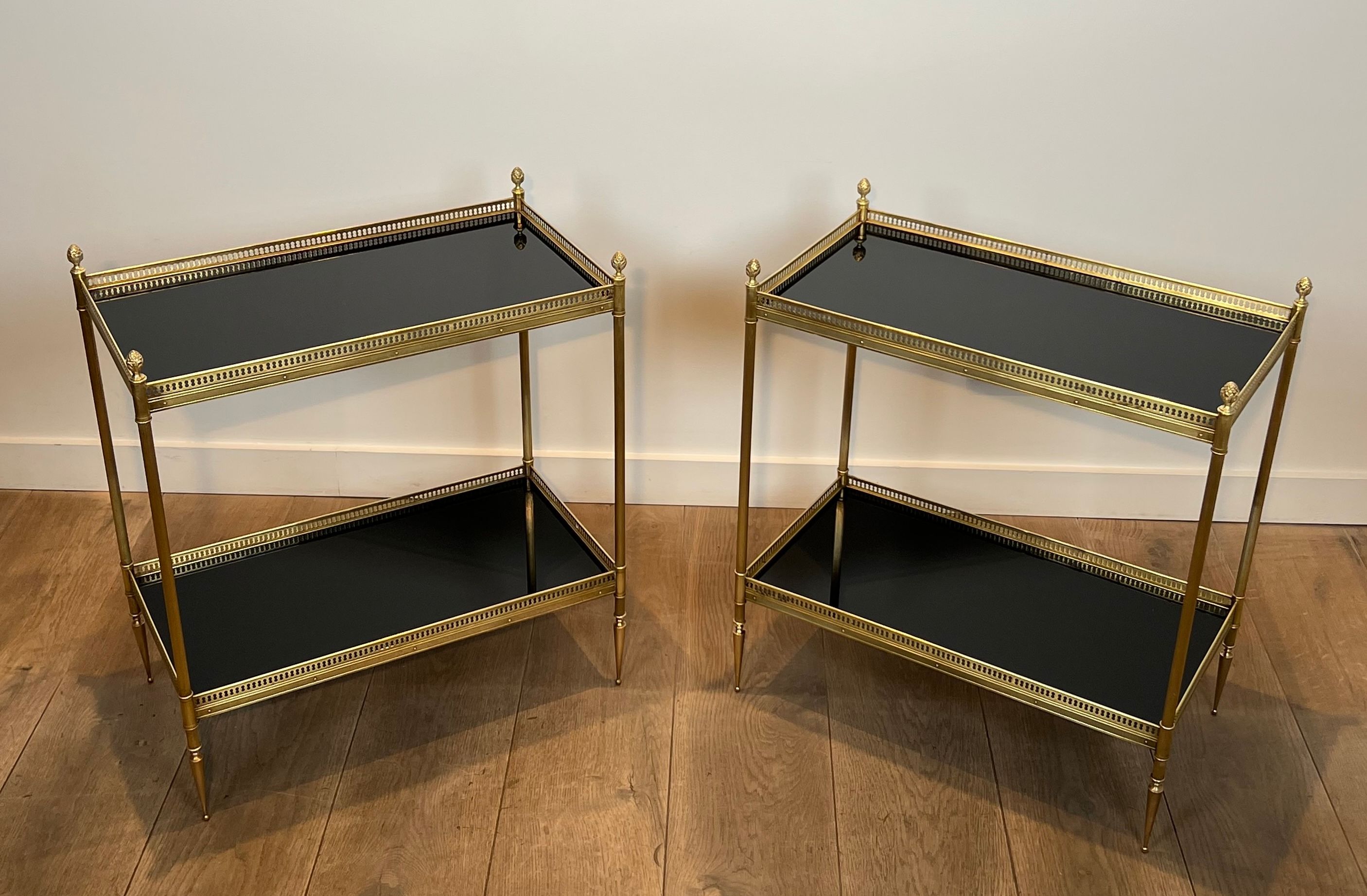 Pair of Neoclassical Style Brass Side Tables with Black Lacquered Tops by Maison Jansen