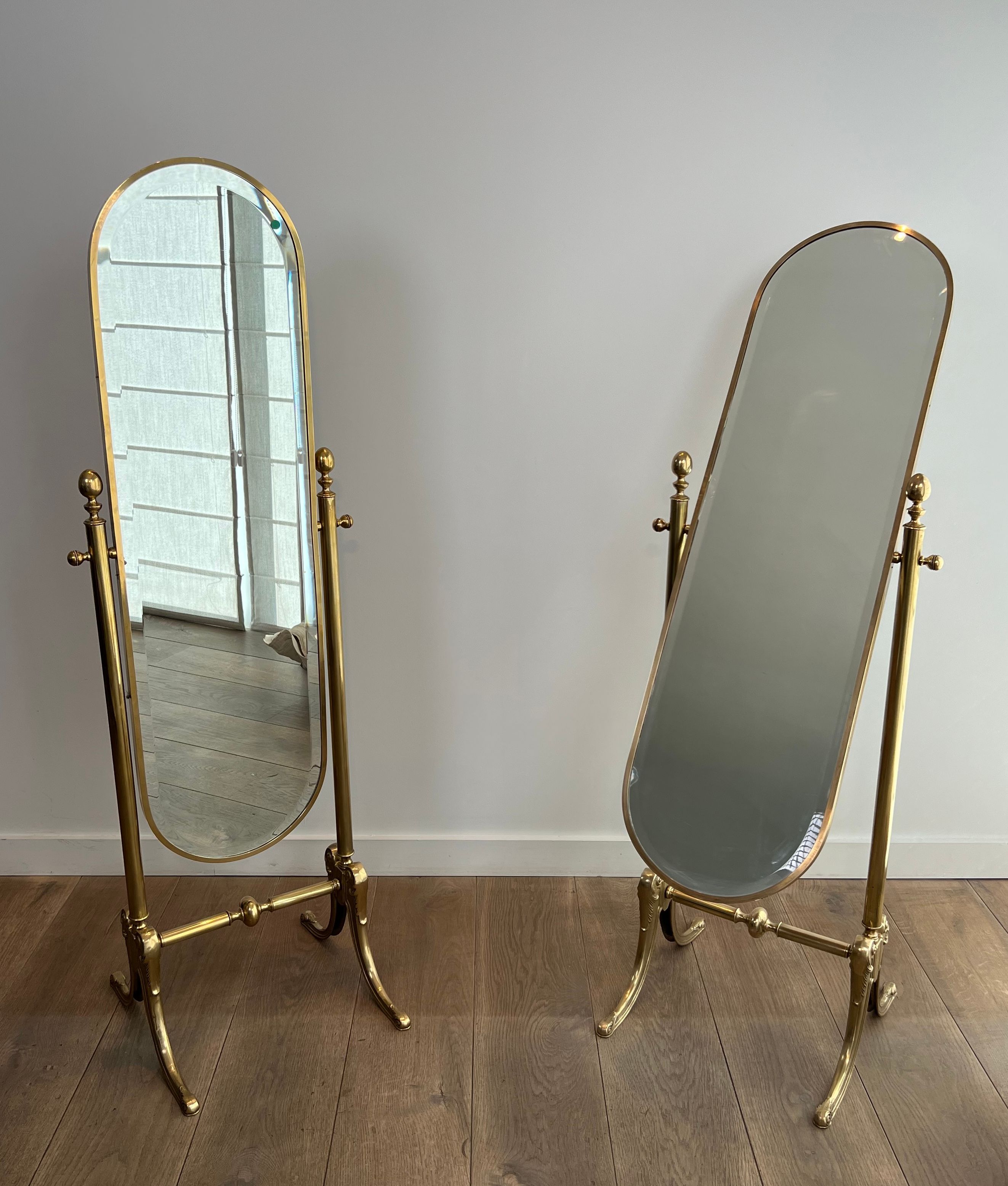 Pair of Neoclassical Style Brass Psyche Mirrors