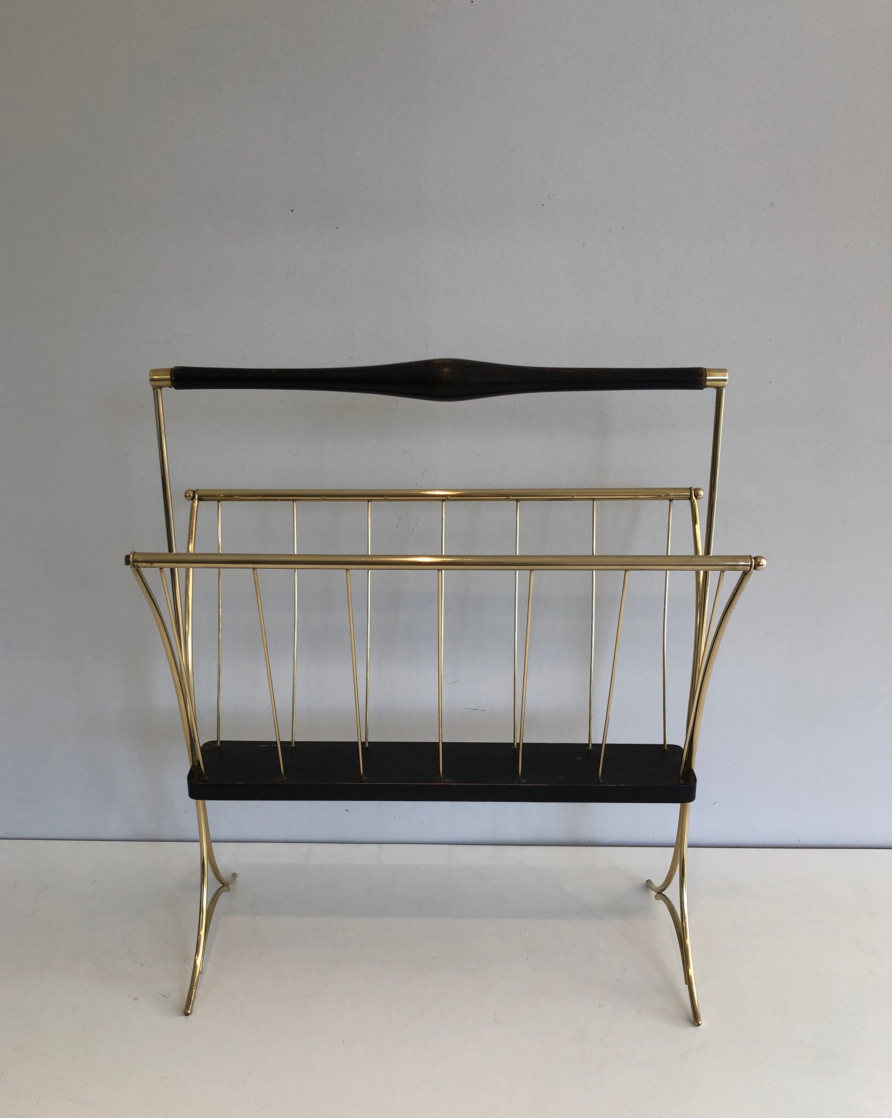 Blackened Wood and Brass Magazine Rack