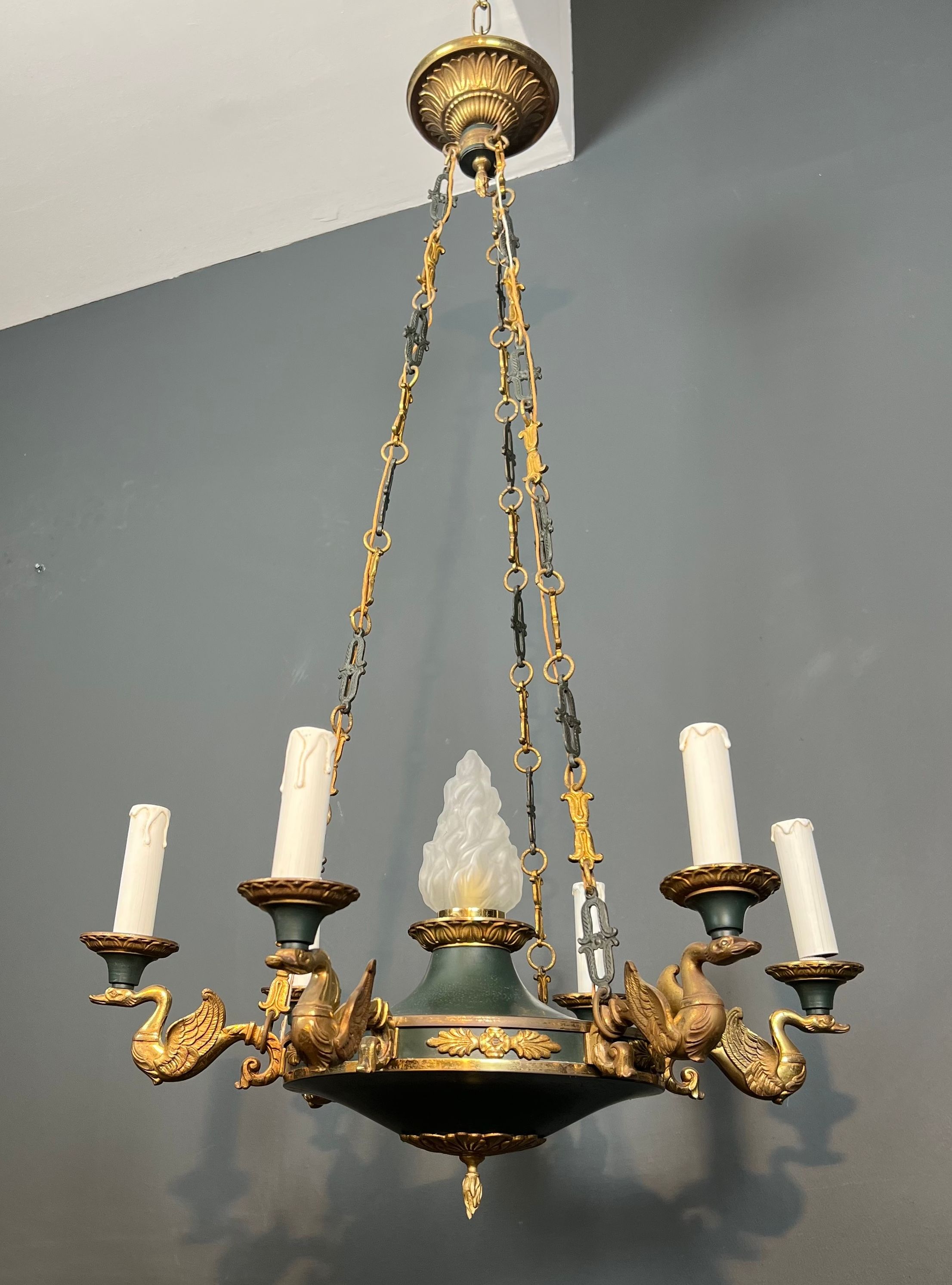 Lustre de Style Empire en Bronze, Tôle Verte et Flamme en Verre Moulé