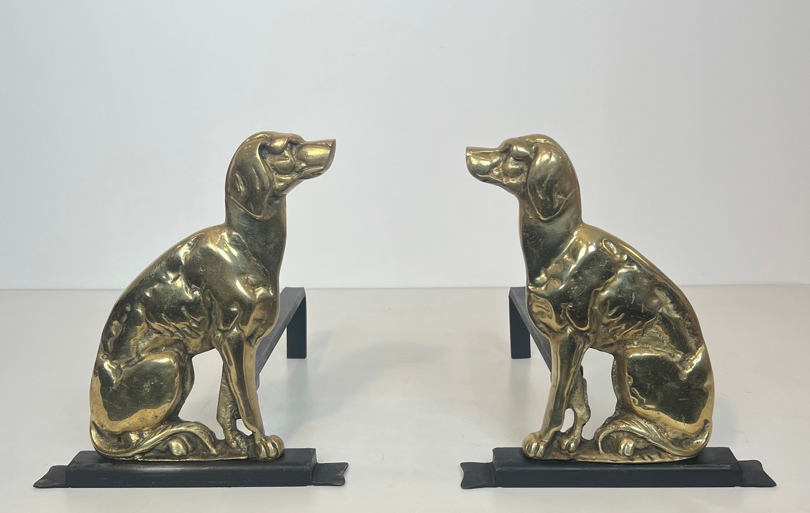 Pair of Chiseled Bronze Andirons Representing Dogs from Art Deco Period