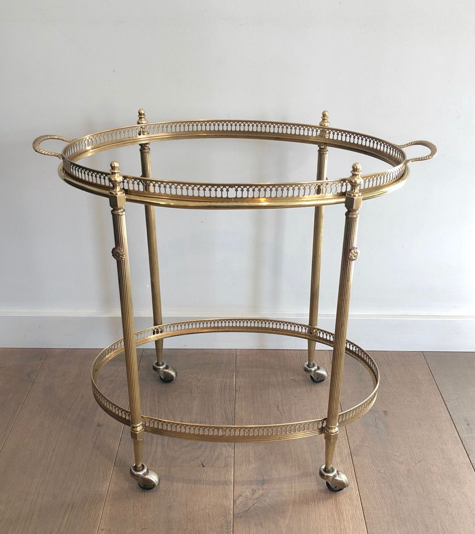 Neoclassical Style Oval Brass Drinks Trolley with Removable Top Tray by Maison Jansen