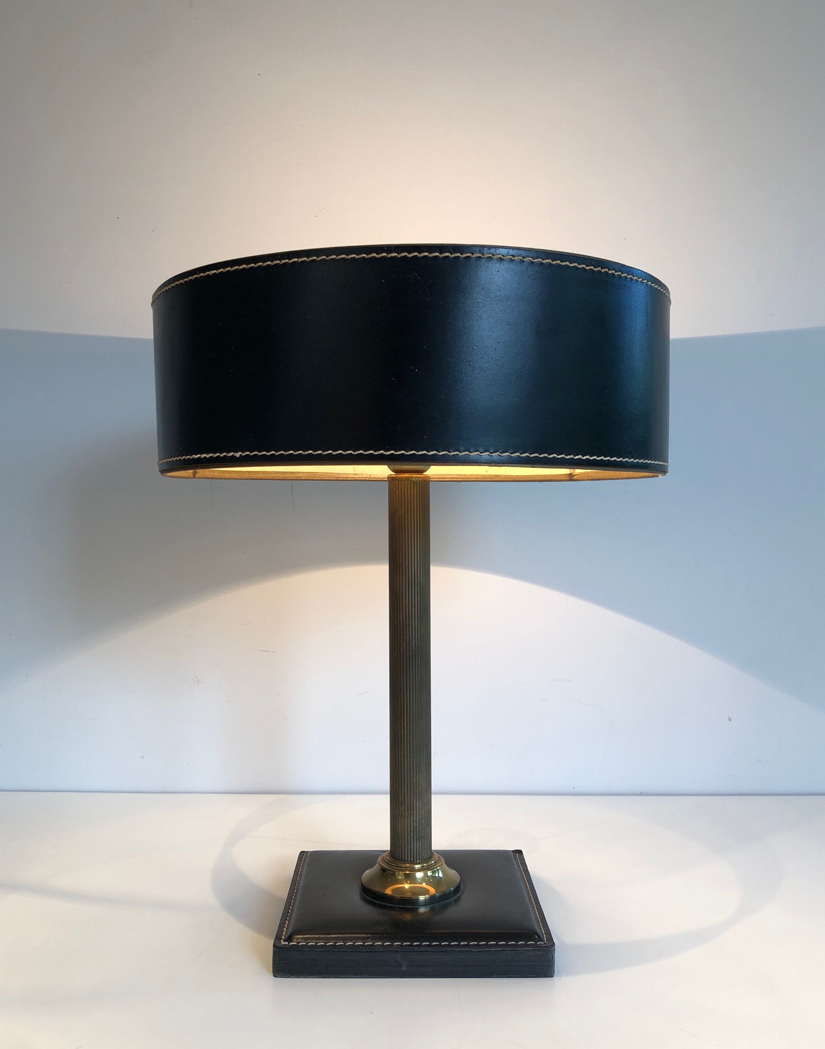 Black Leather and Brass Desk Lamp in the Style of Jacques Adnet