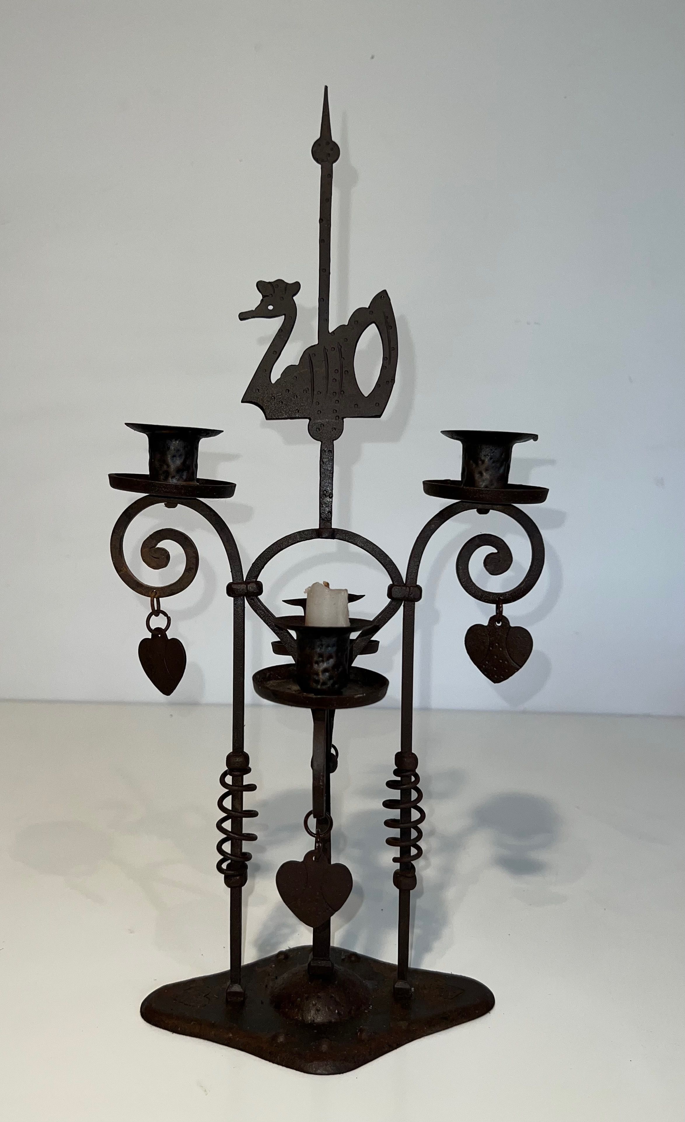 Two Lights Wrought Iron Candlestick Representing a Swan