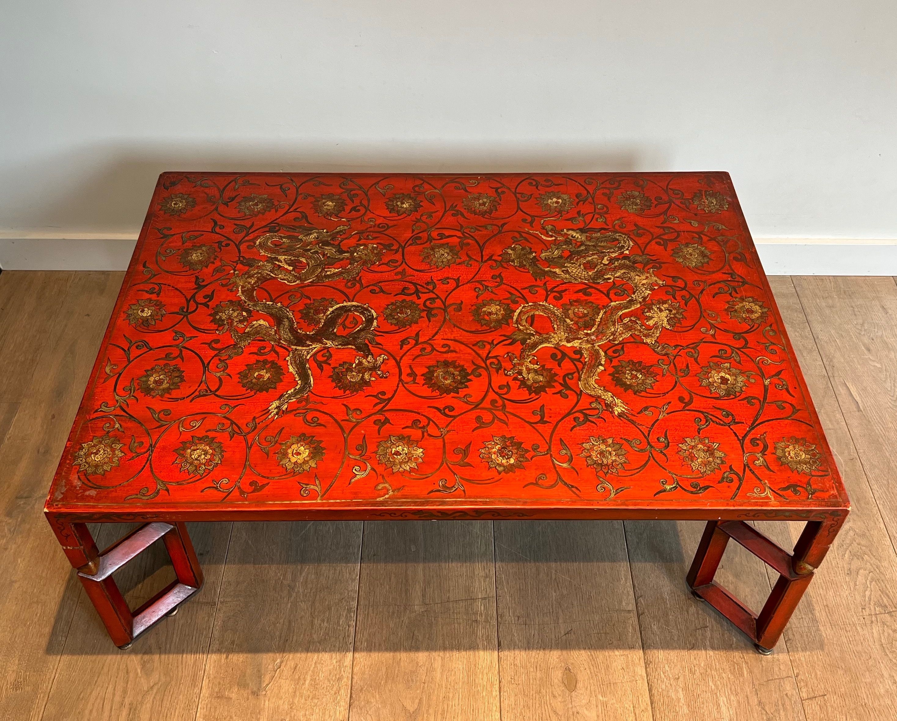 Large Red Lacquered Coffee Table with Gold Chinese Decorations