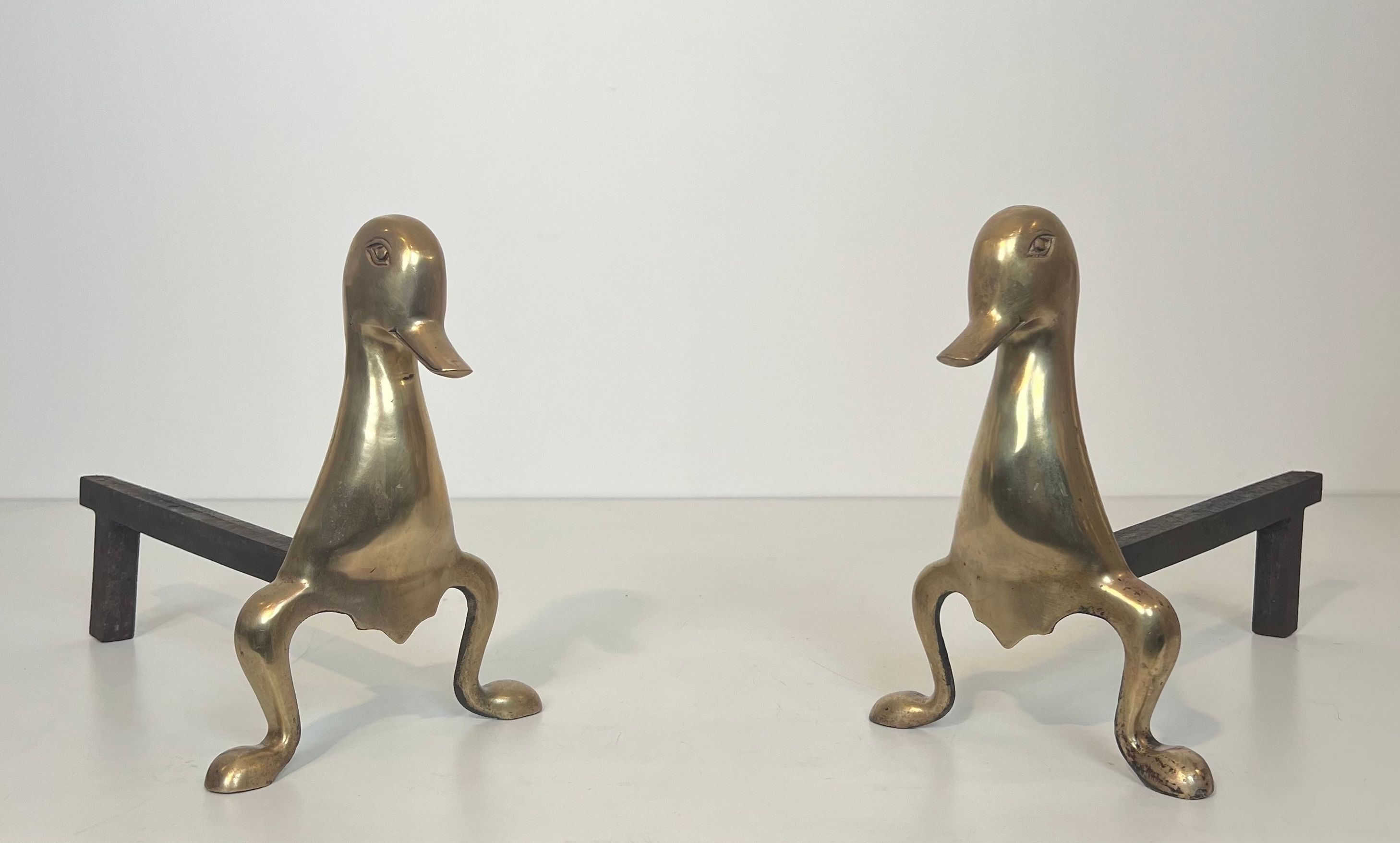 Pair of Andirons Representing Stylized Ducks in Brass In the Taste of Claude and François-Xavier Lalanne. Circa 1970