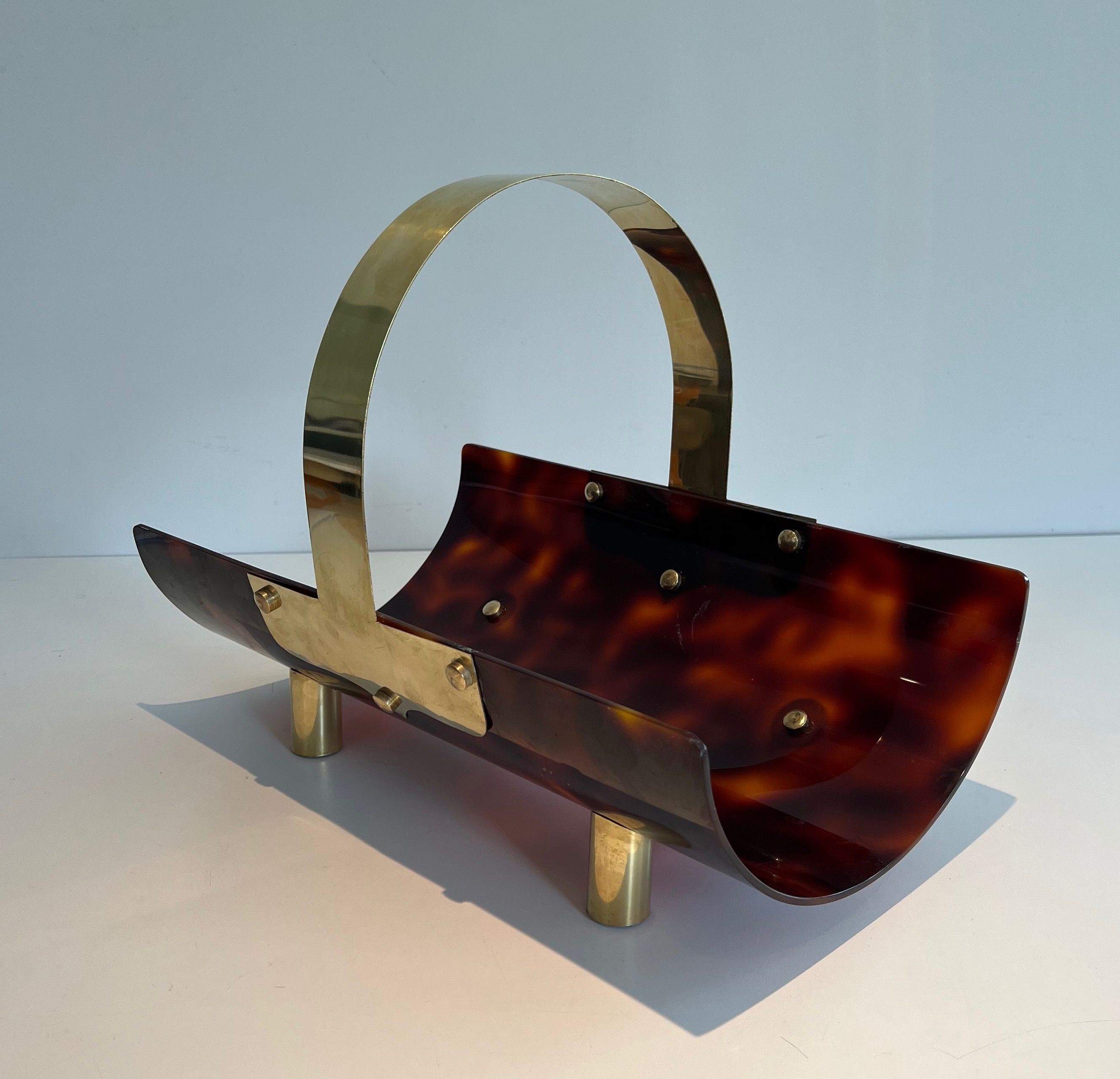 Log Holder made of Brass and Lucite Imitating Tortoise Shell