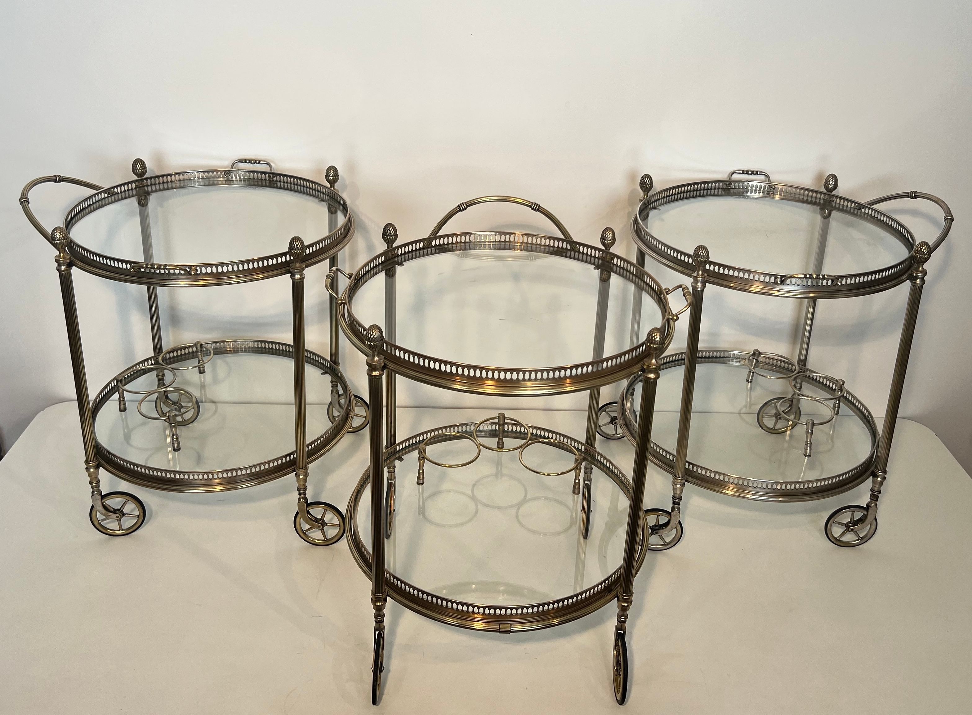 Rare Set of 3 Round Silvered Brass Drinks Trolley by Maison Bagués