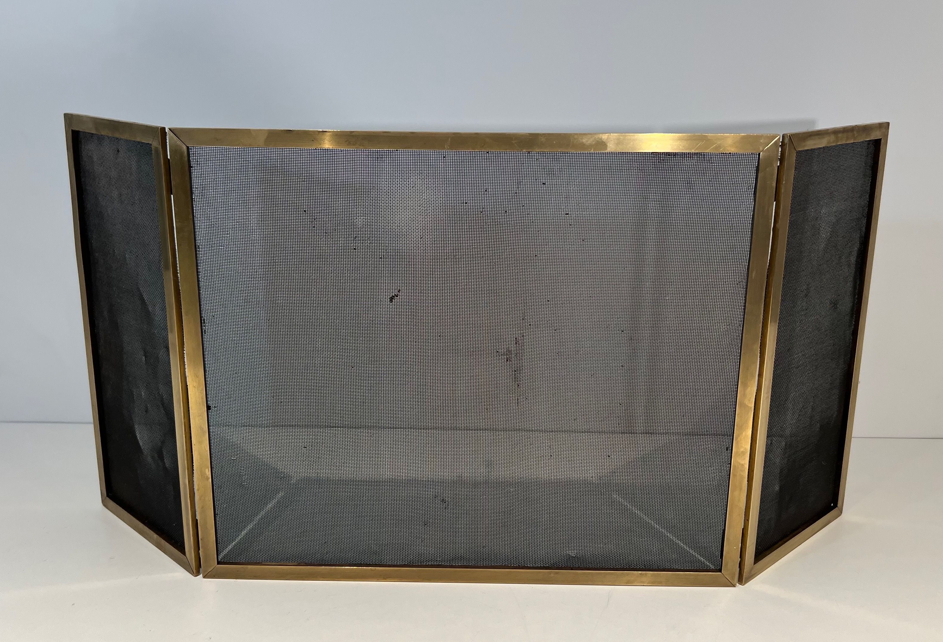 Modernist Brass and Gilt Grilling Fireplace Screen 