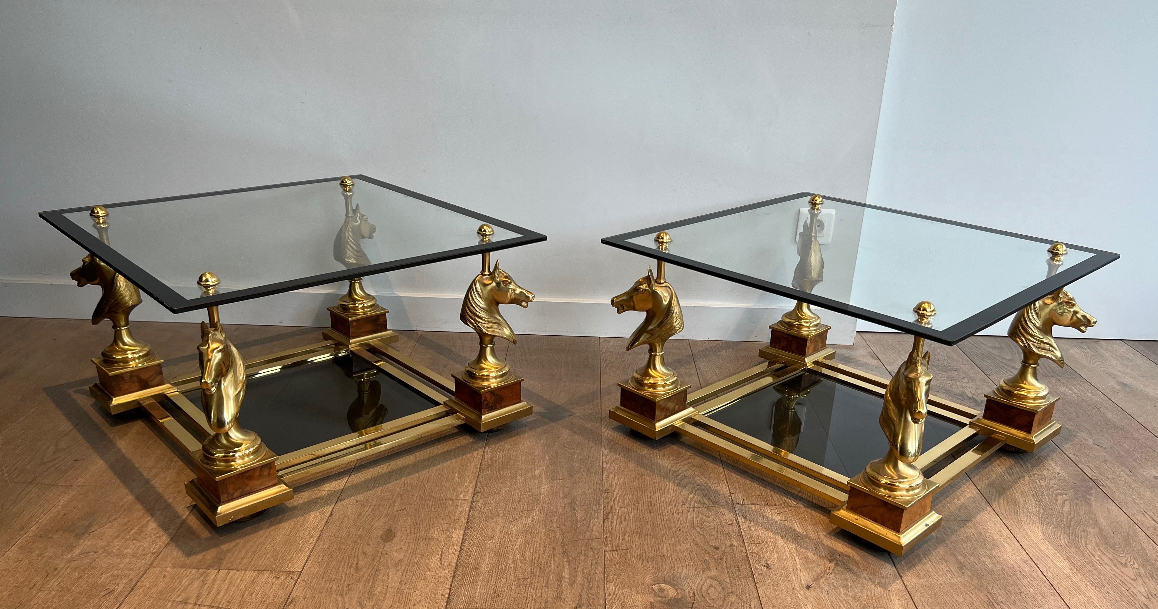 Pair of Brass Square Side Tables with Brass Horse Heads by Maison Charles. Circa 1970