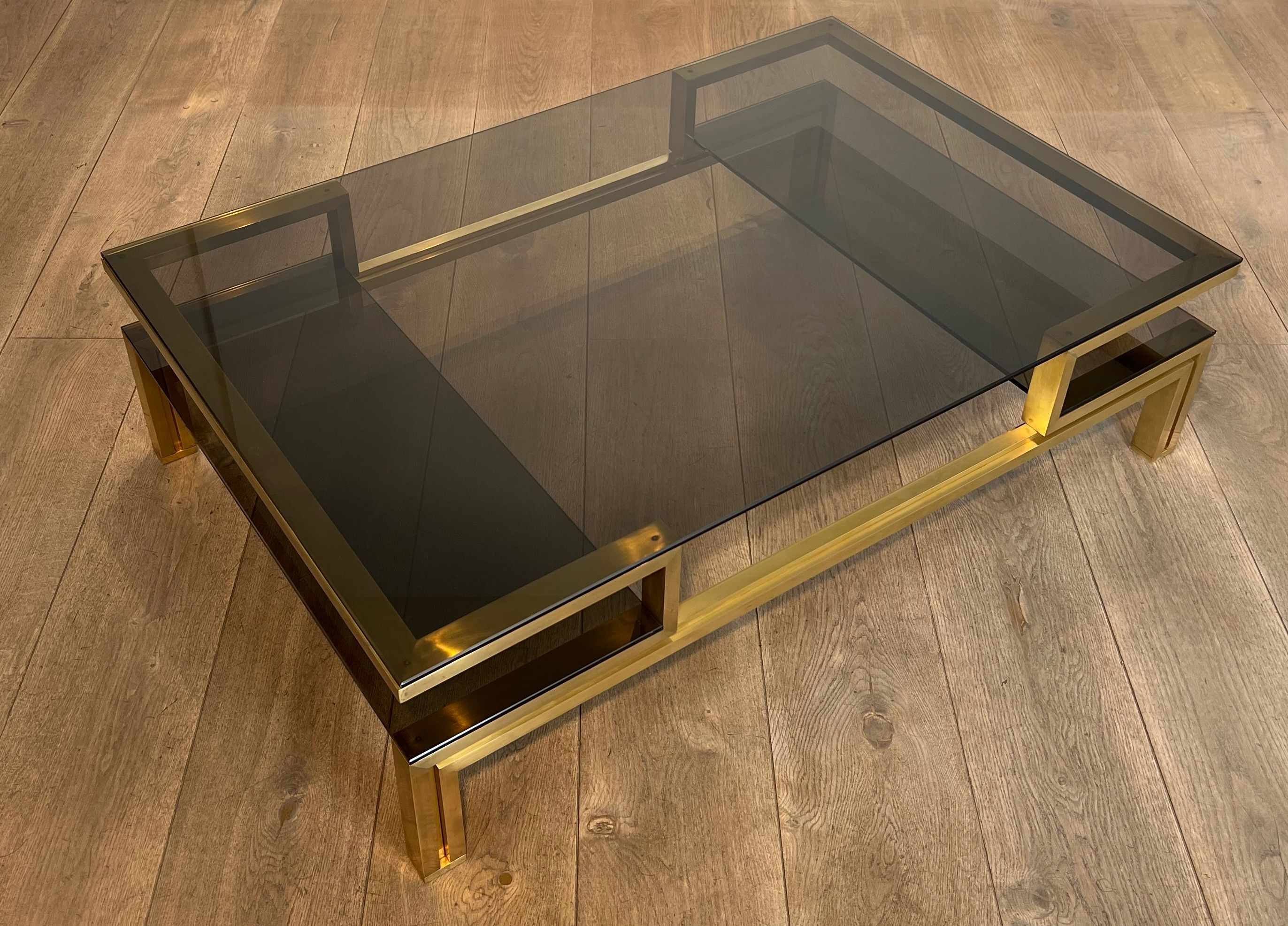 Modernist Brass Coffee Table with Smoked Glass Shelves by Guy Lefèvre for Maison Jansen