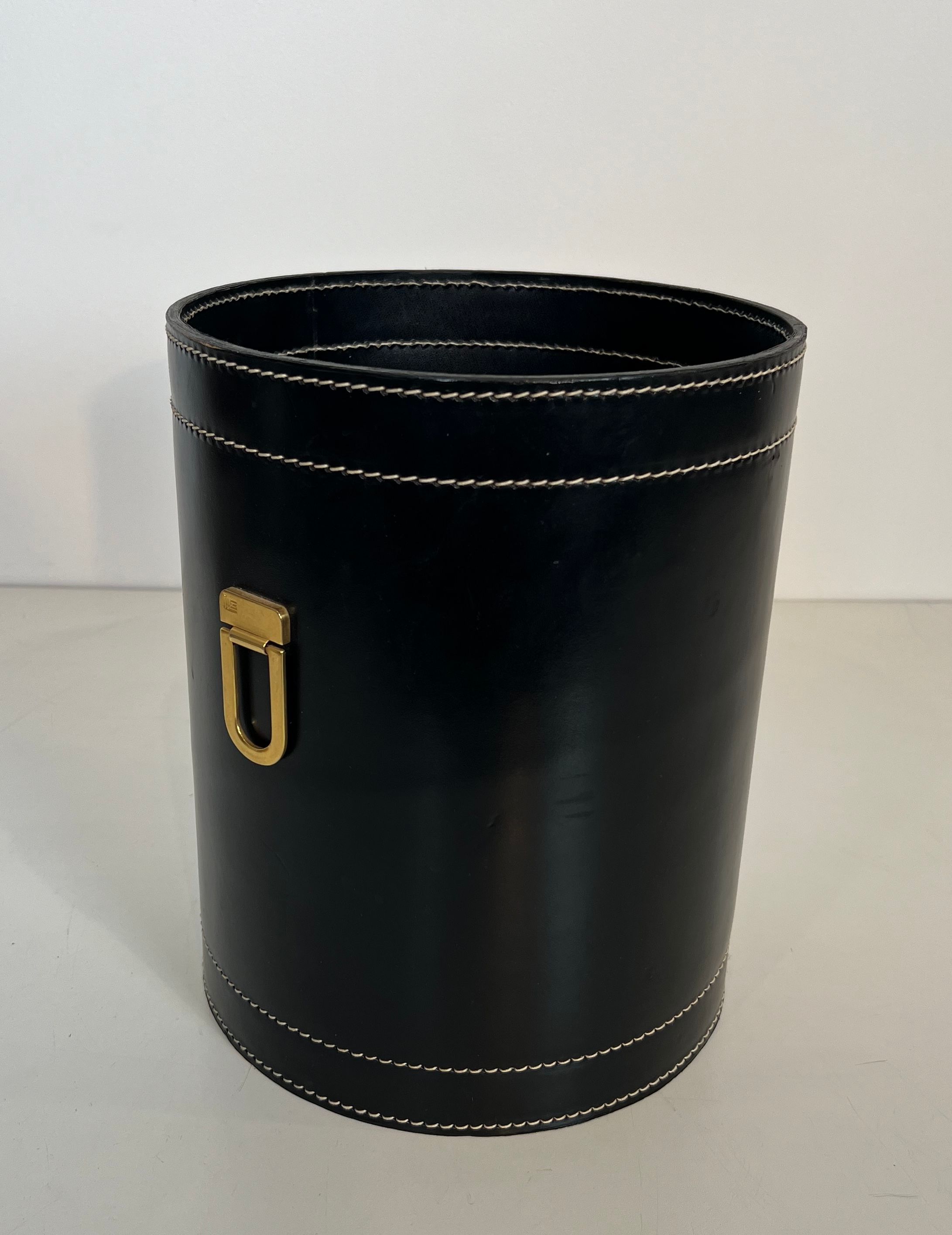 Black Leather and Brass Waste Paper Basket in the Style of Jacques Adnet
