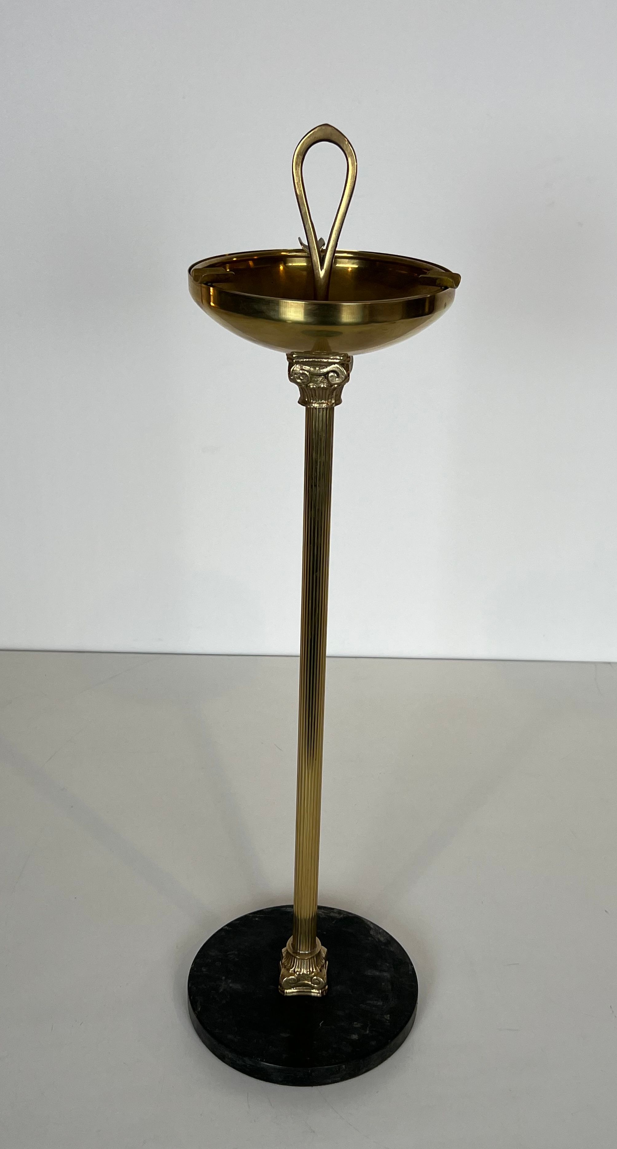  Neoclassical Style Bronze and Brass Ashtray on a Circular Black Marble Base, in the Style of Maison Jansen