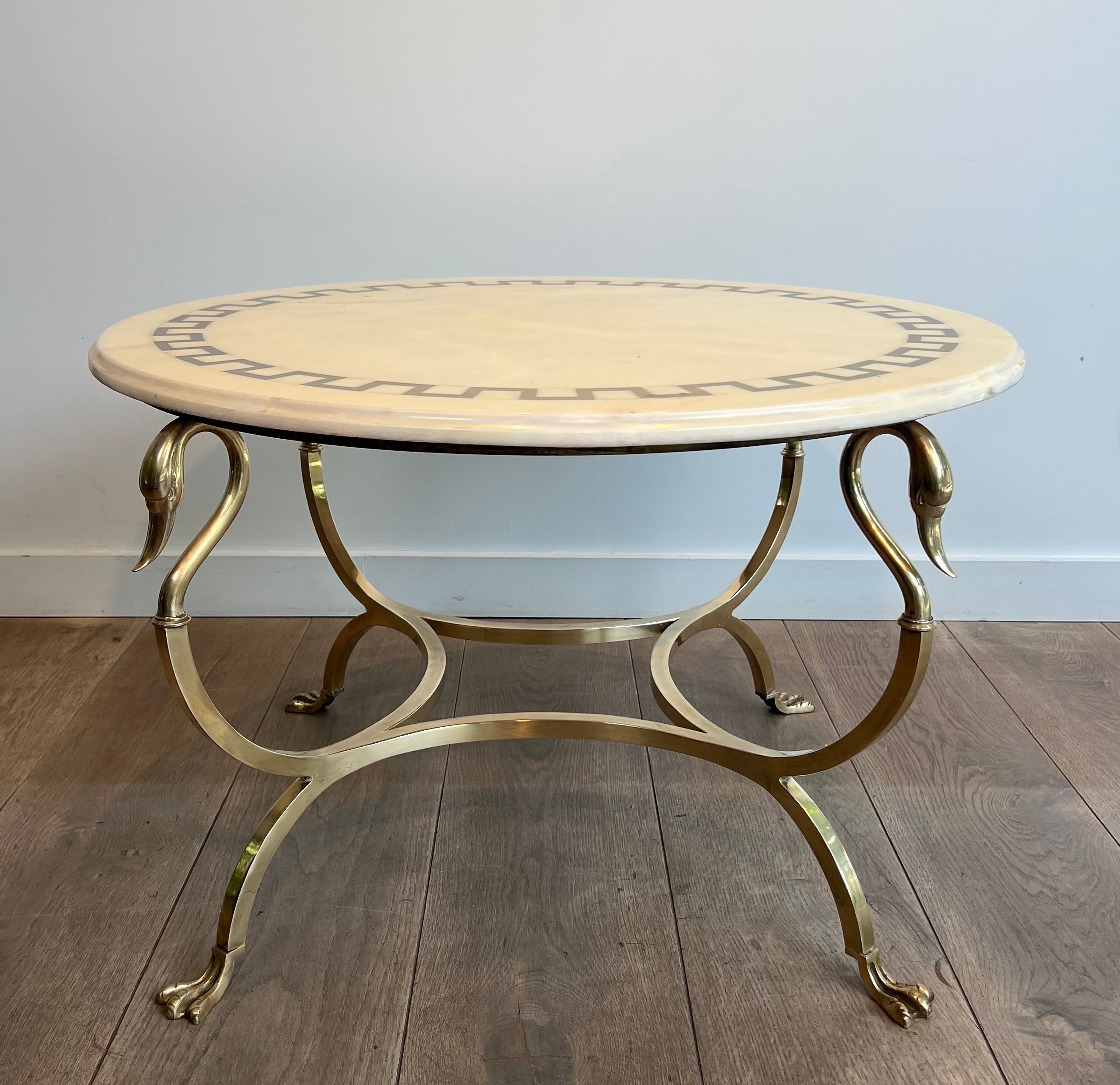 Round Brass Coffee Table With Swan Heads and Feet and White Marble Top With Incrustation of Brass by Maison Jansen