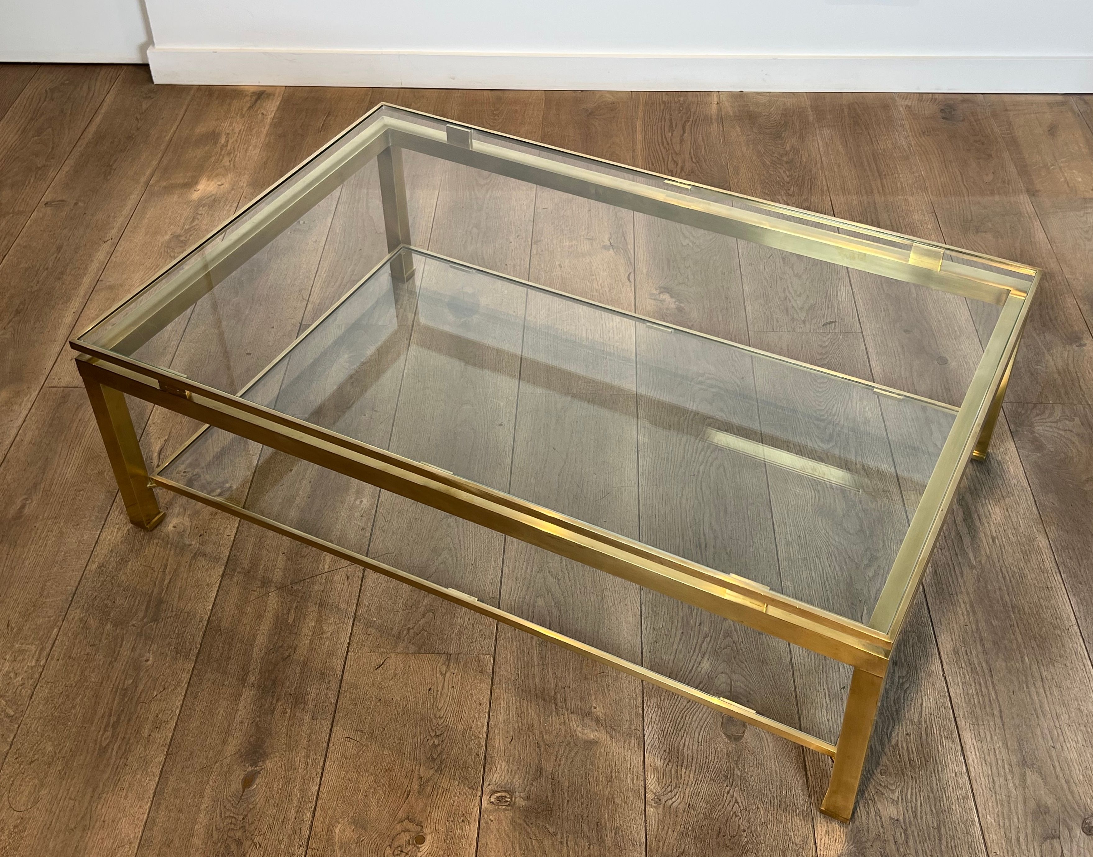 Modernist Brass Coffee Table with Glass Shelves by Guy Lefèvre for Maison Jansen