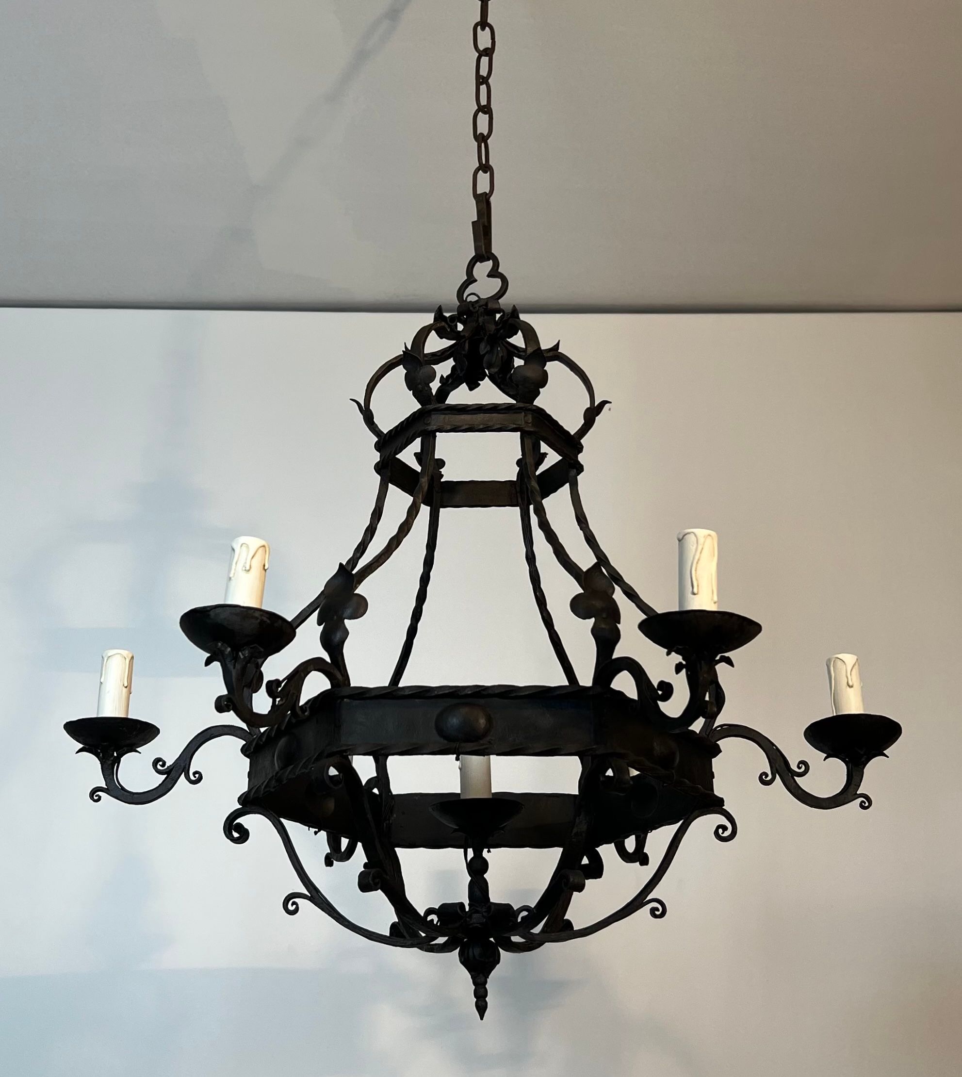 Wrought Iron Cage Chandelier with 7 Lights in the Gothic Style. Circa 1950