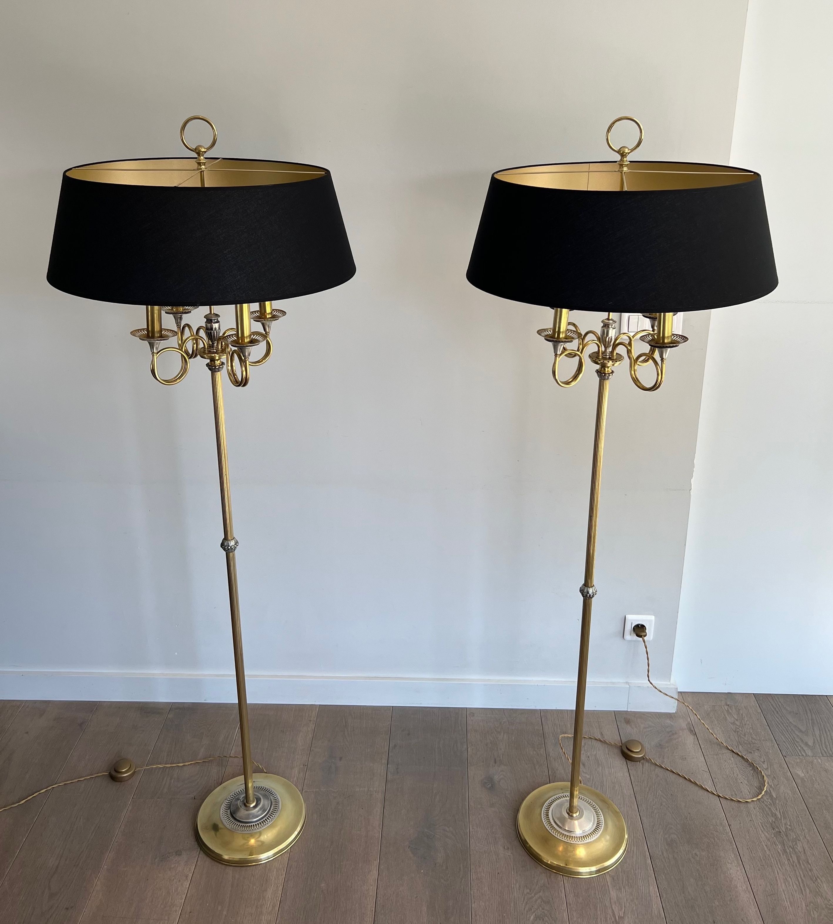Pair of Neoclassical Brushed Steel and Brass Floor Lamp In the Style of Maison Charles