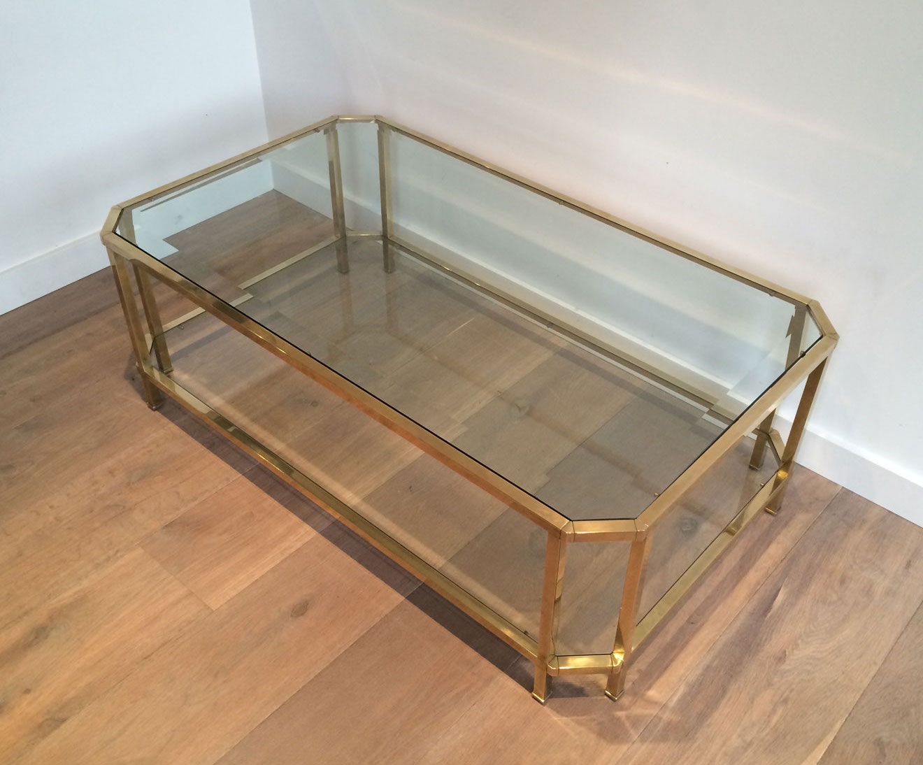 Octogonal Brass Coffee Table with Two Glass Shelves