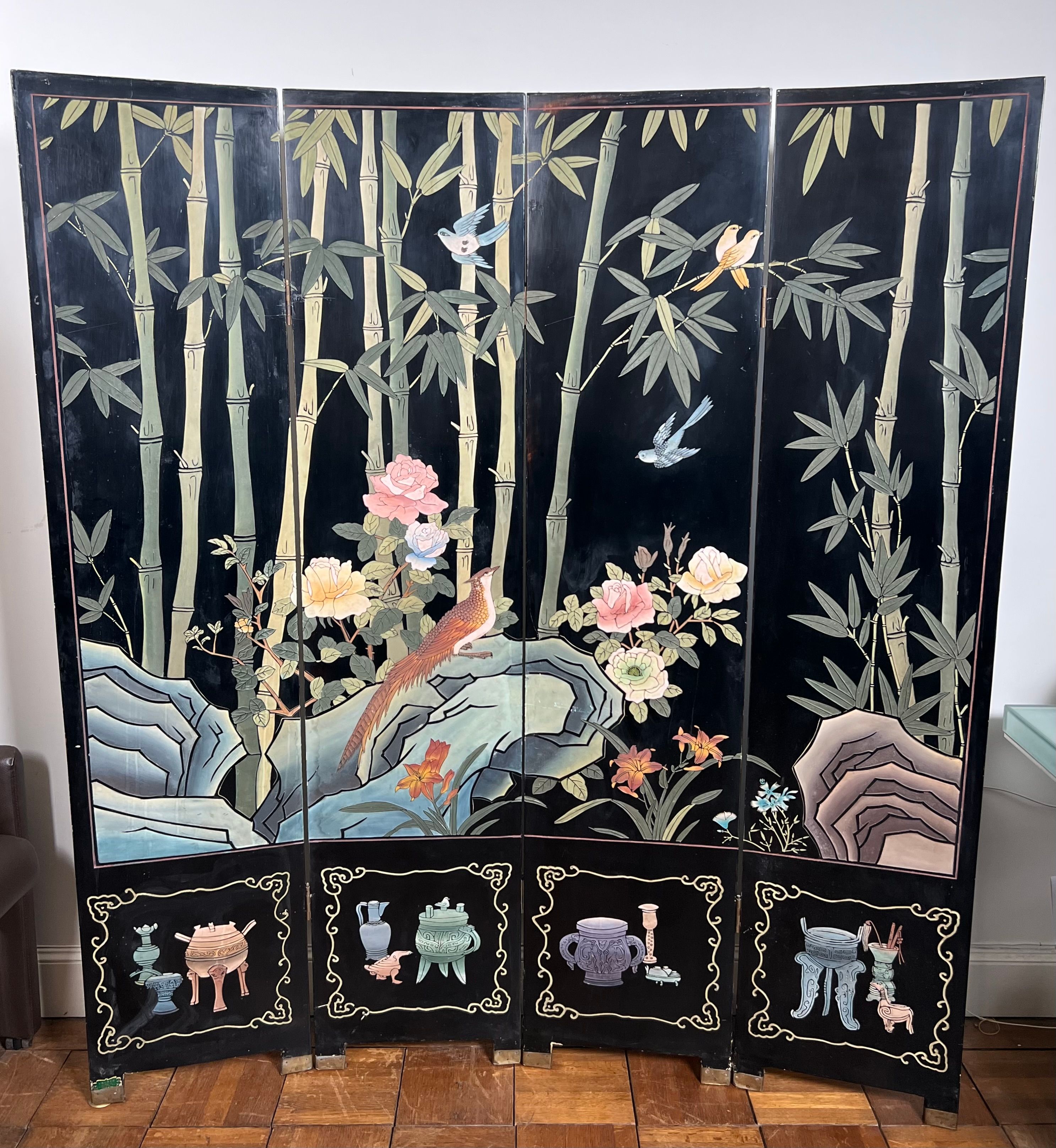 Paravant en Laque de Chine à Décors d’oiseaux et Bambous. Travail Chinois. Vers 1950